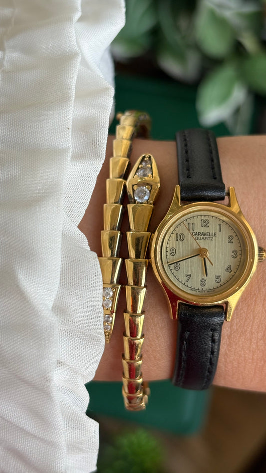 Vintage Caravelle by Bulova Watch in Black Leather Strap