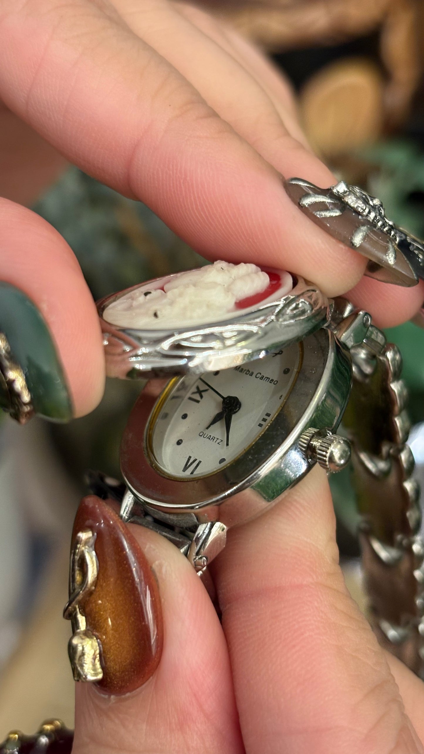 Extremely Rare Vintage Marba Red Cameo Peekaboo Watch in Silver Tone Quartz