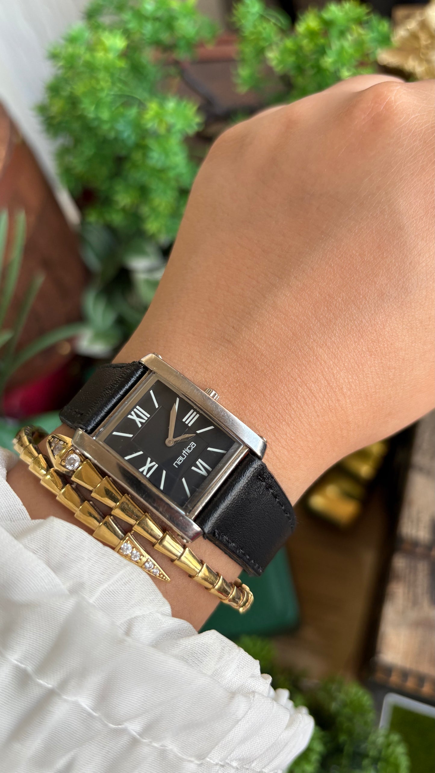 Vintage Nautica Tank Watch in Black Leather Strap