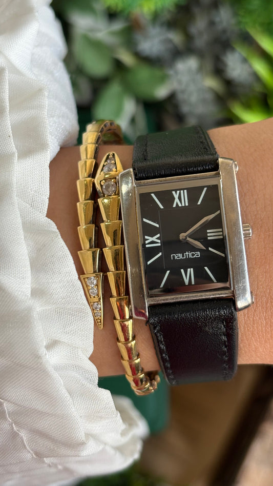 Vintage Nautica Tank Watch in Black Leather Strap