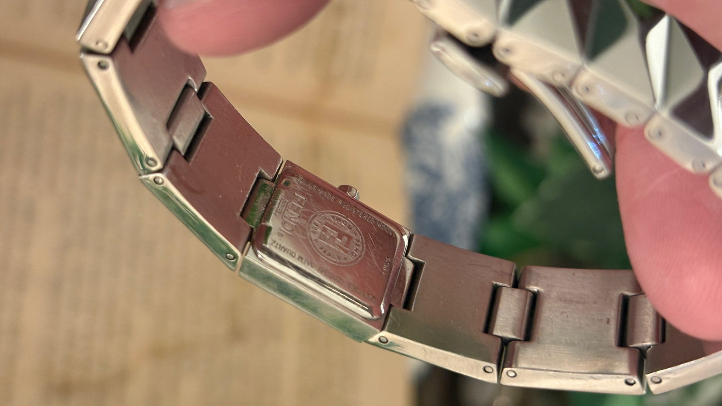 Rare Vintage Fendi Orologi 4250L Pink Dial Pyramid Unibracelet Watch in Silver Tone Quartz