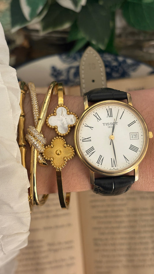 Rare Vintage Tissot 1853 Date Window Roman Dial Watch in Gold Tone Black Leather Quartz