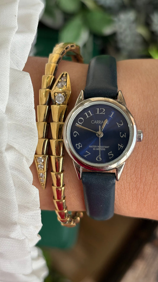 Vintage Carriage by Timex Watch in Black Leather Strap Midnight Blue Dial