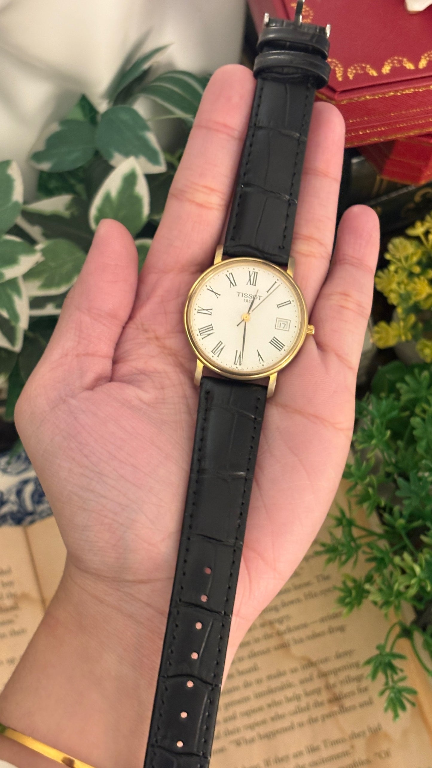 Rare Vintage Tissot 1853 Date Window Roman Dial Watch in Gold Tone Black Leather Quartz