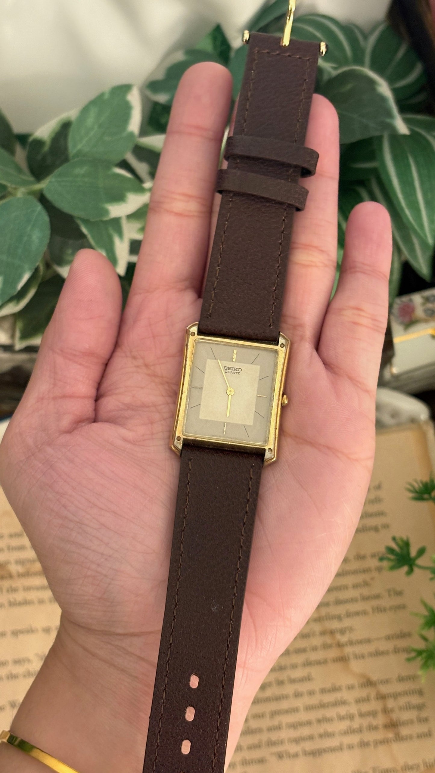 Vintage Seiko Gray Dial Mens Tank Watch in Gold Tone Brown Leather Quartz