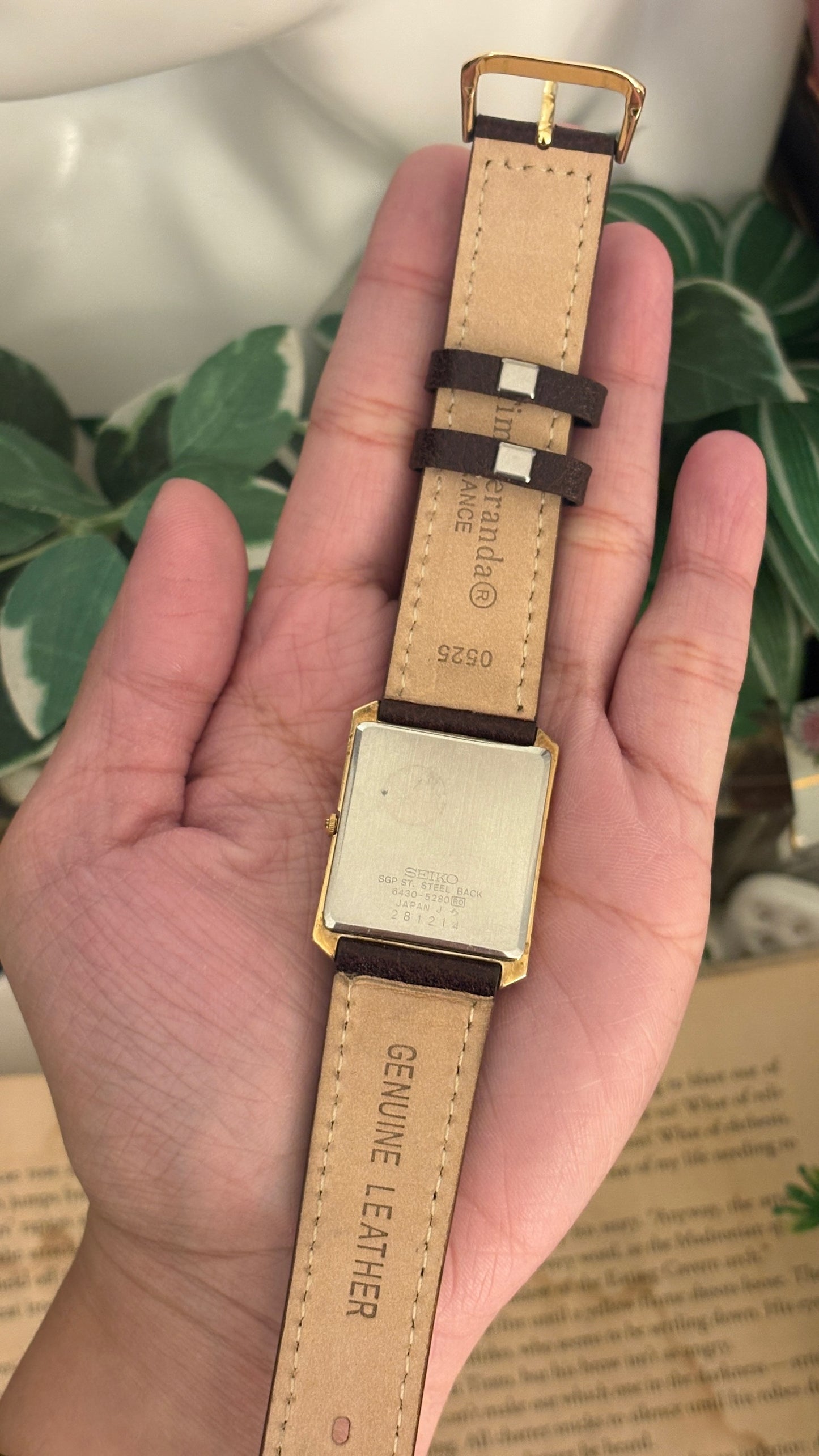 Vintage Seiko Gray Dial Mens Tank Watch in Gold Tone Brown Leather Quartz