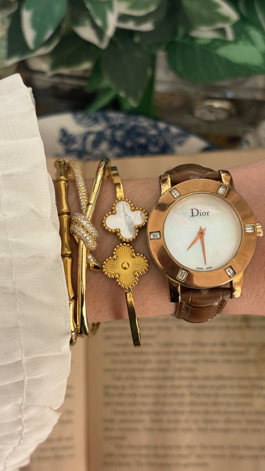 Rare Vintage Dior Swiss Rhinestoned Bezel Mother of Pearl Dial Watch in Rose Gold Tone Brown Leather Quartz