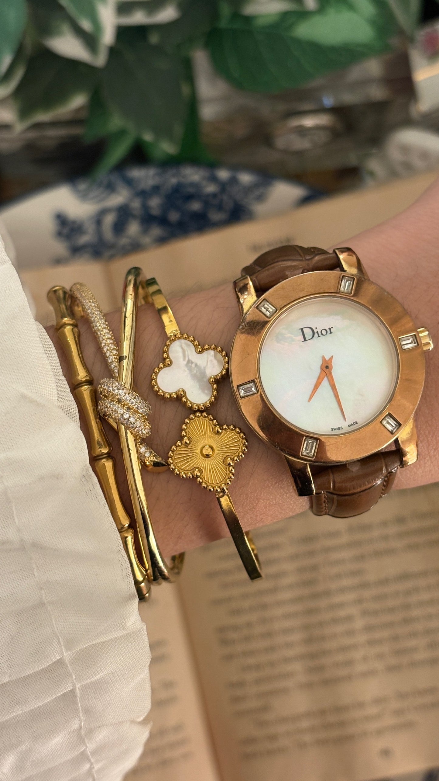 Rare Vintage Dior Swiss Rhinestoned Bezel Mother of Pearl Dial Watch in Rose Gold Tone Brown Leather Quartz