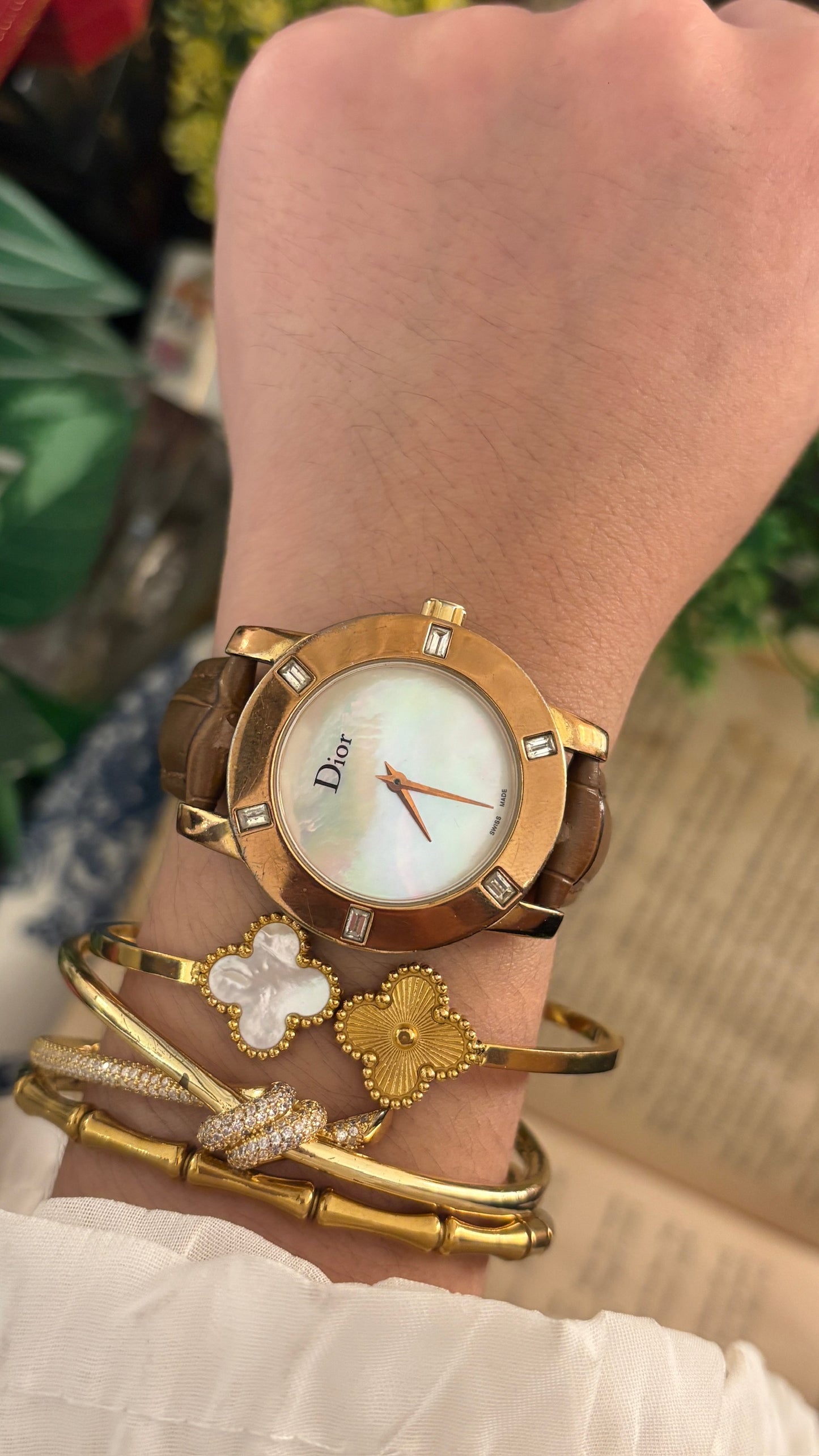 Rare Vintage Dior Swiss Rhinestoned Bezel Mother of Pearl Dial Watch in Rose Gold Tone Brown Leather Quartz