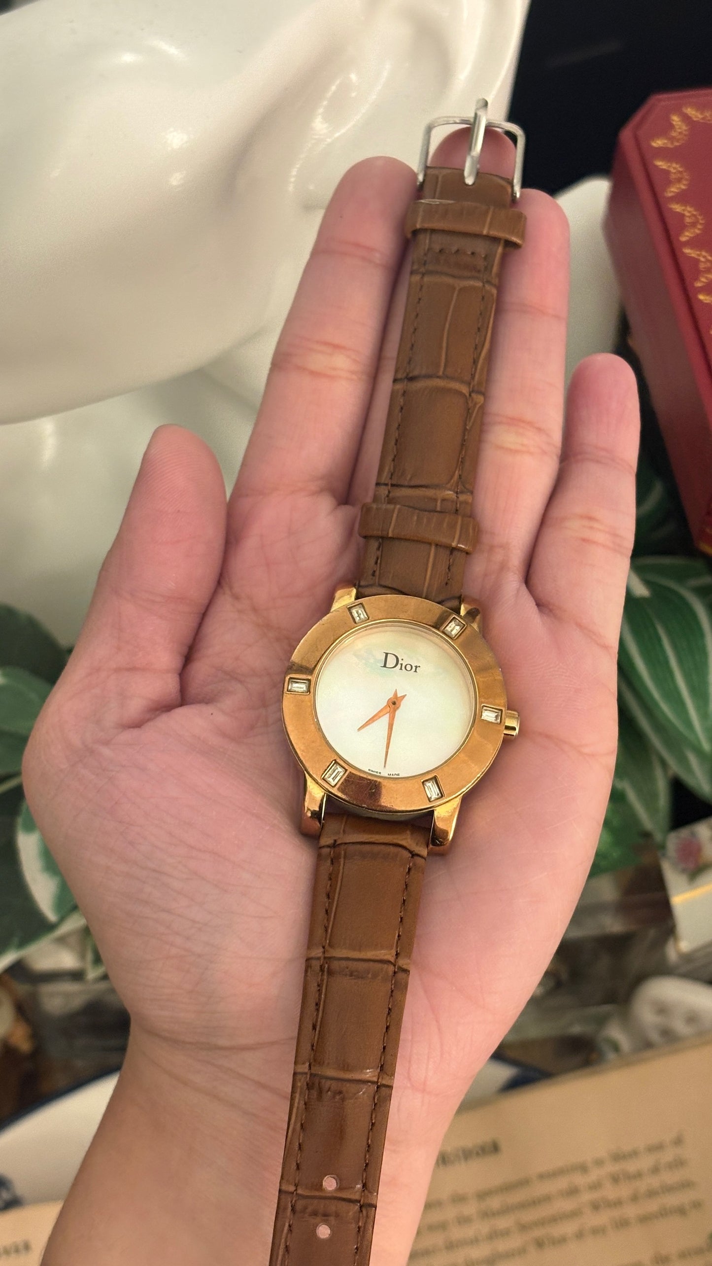 Rare Vintage Dior Swiss Rhinestoned Bezel Mother of Pearl Dial Watch in Rose Gold Tone Brown Leather Quartz