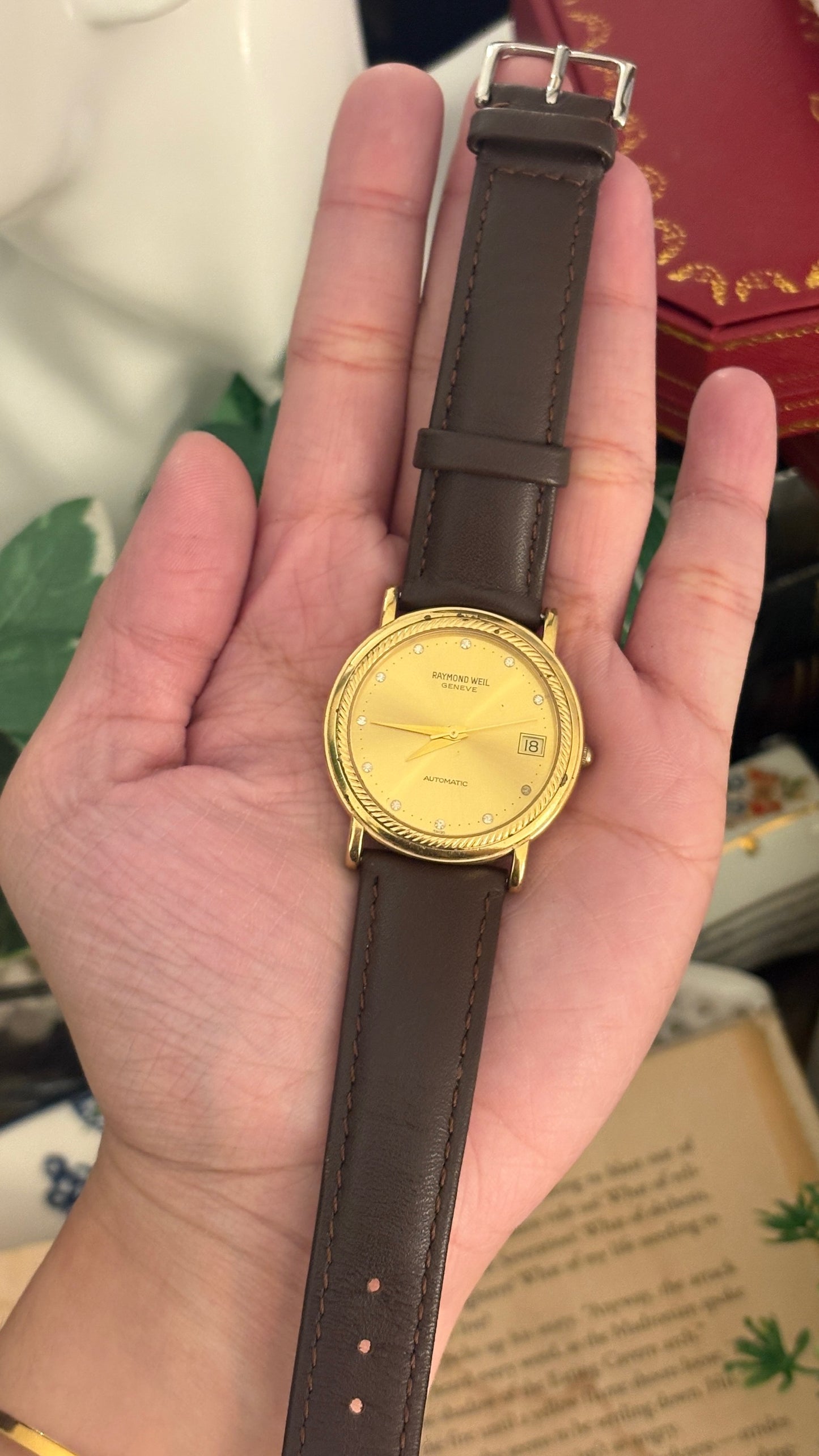 Vintage Raymond Weil Swiss Date Window Mens Automatic Watch in Gold Tone Brown Leather