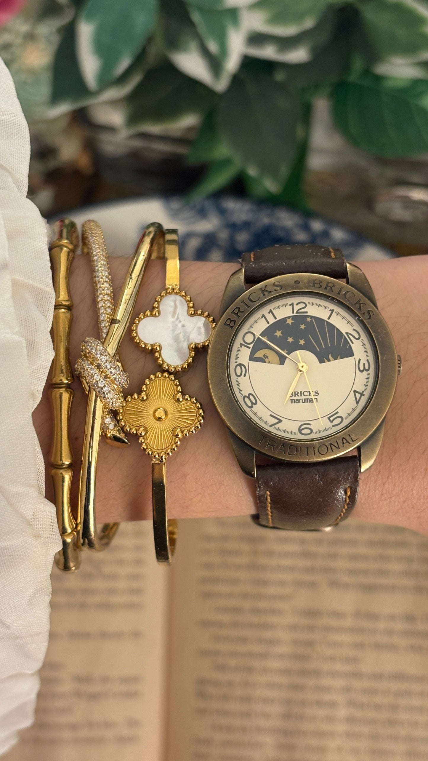 Rare Vintage Bricks Moonphase Watch in Gold Brass Tone Quartz