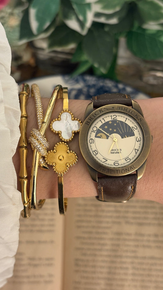 Rare Vintage Bricks Moonphase Watch in Gold Brass Tone Quartz