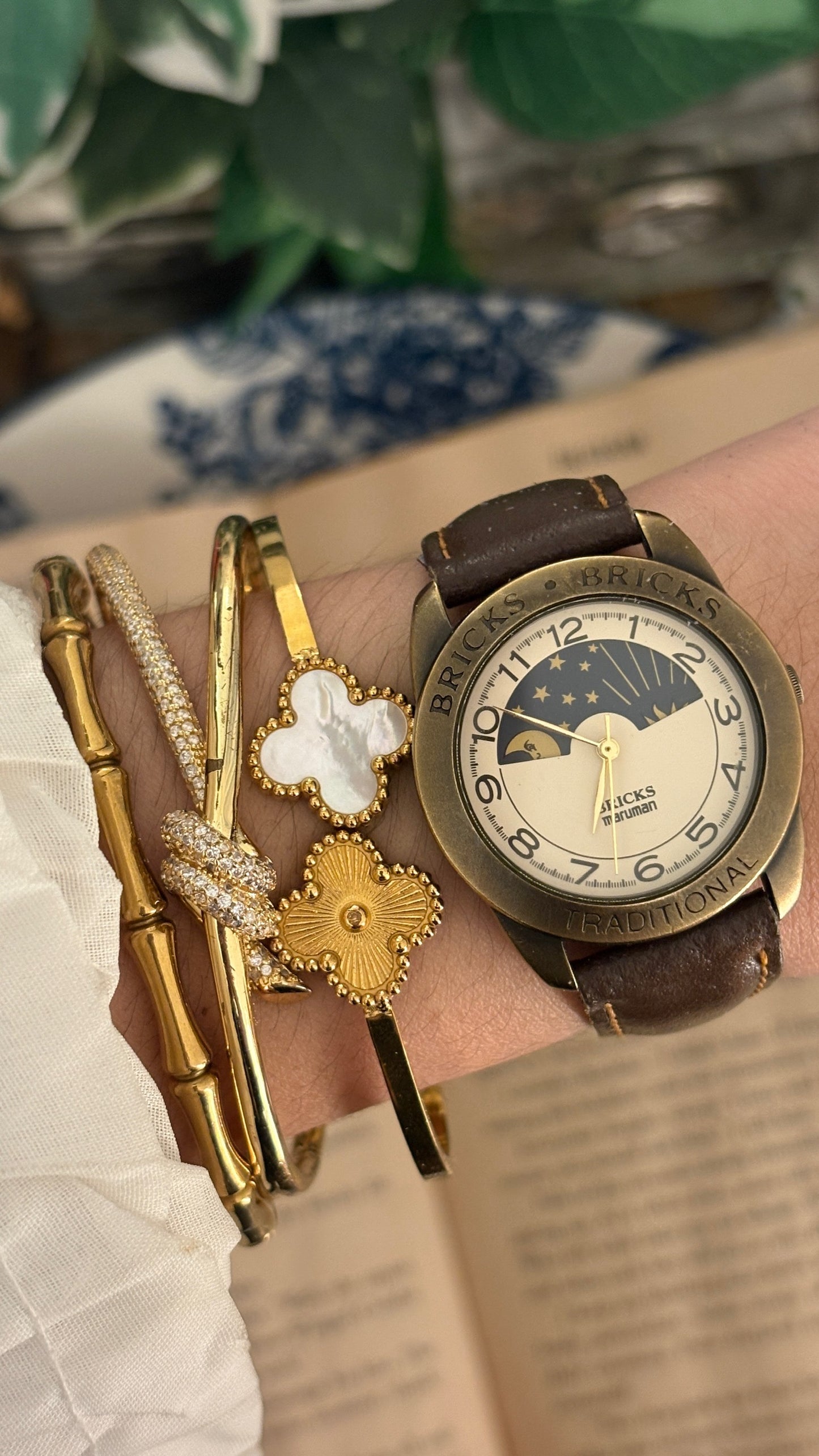 Rare Vintage Bricks Moonphase Watch in Gold Brass Tone Quartz
