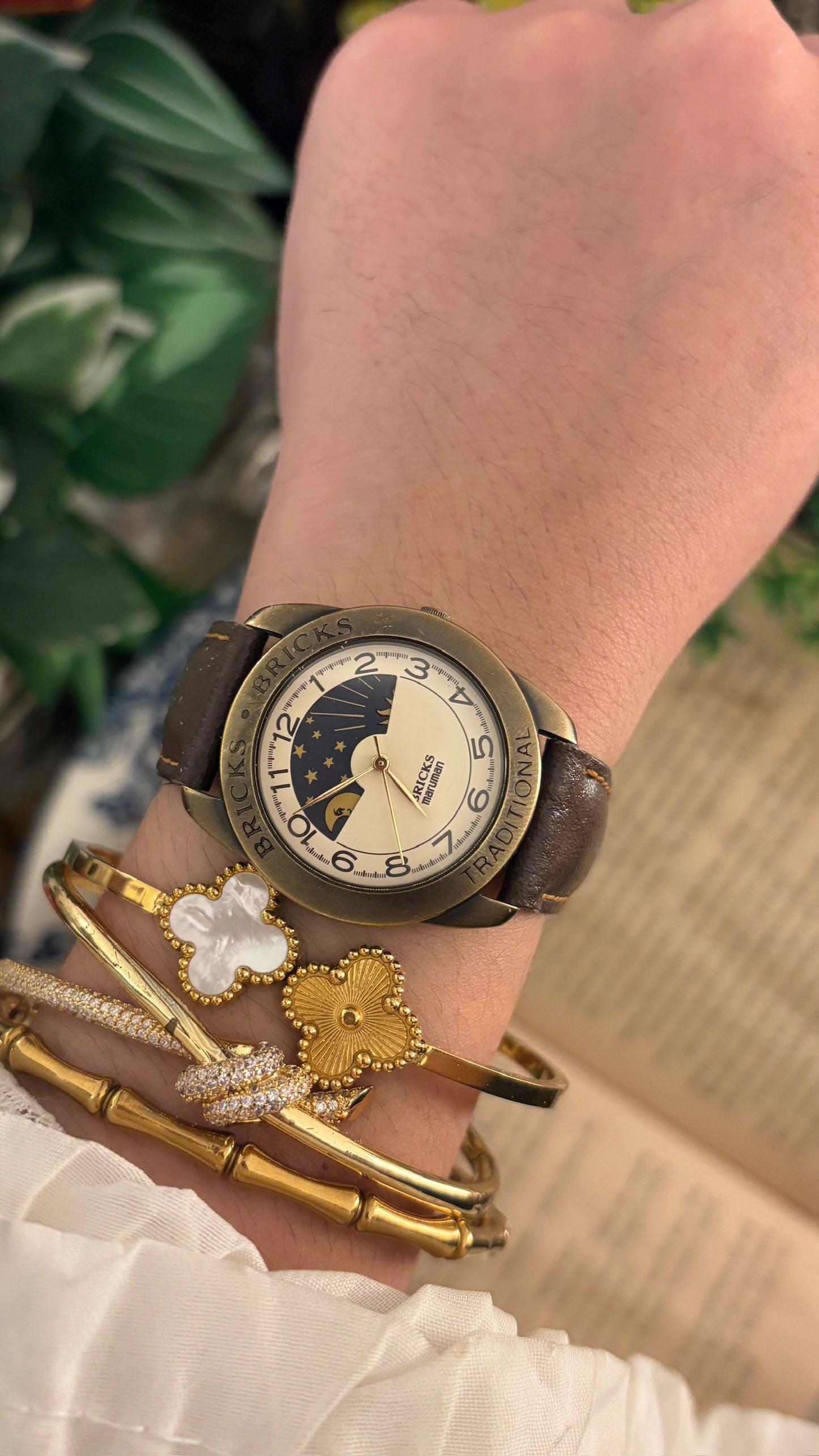 Rare Vintage Bricks Moonphase Watch in Gold Brass Tone Quartz