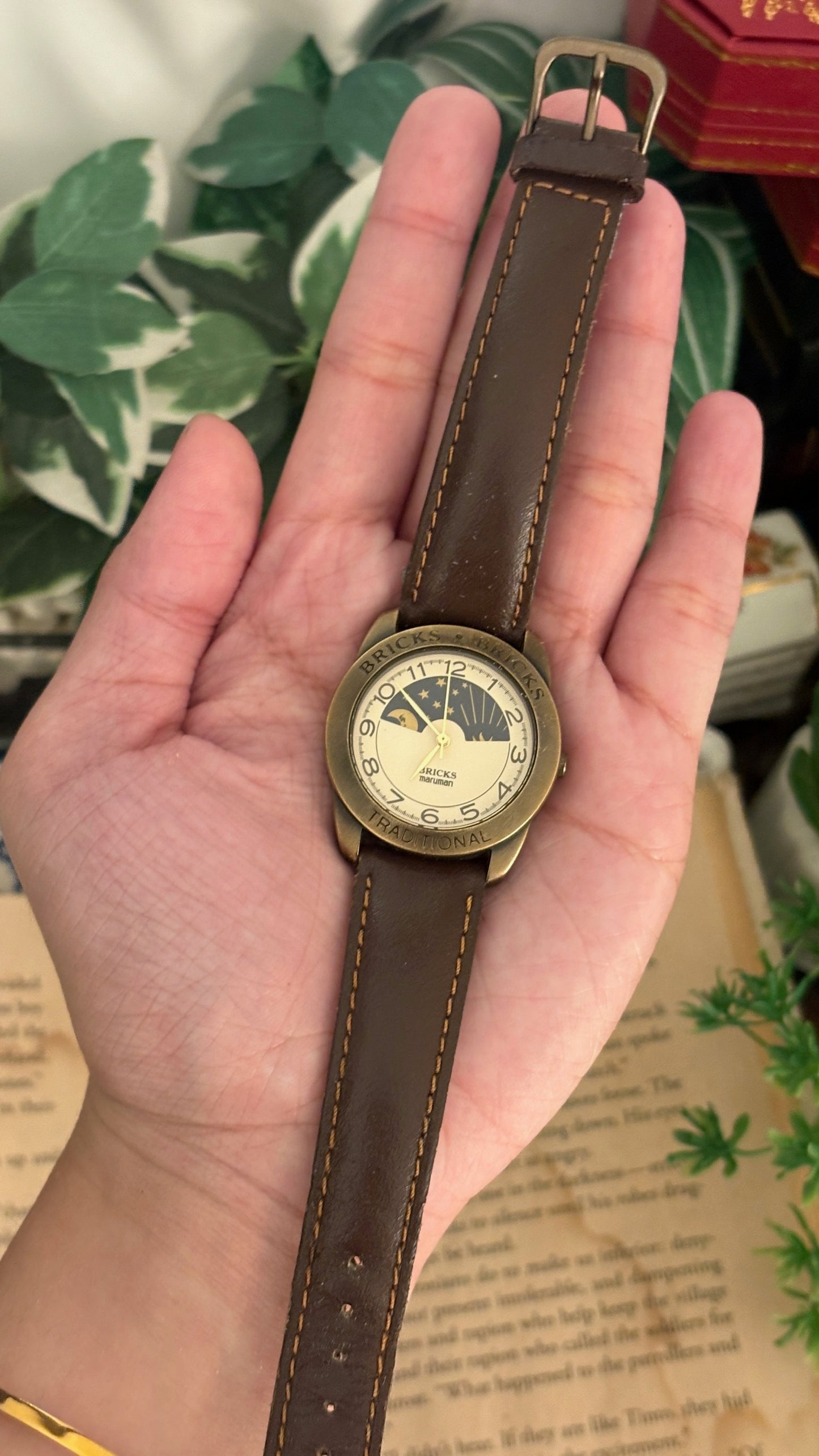 Rare Vintage Bricks Moonphase Watch in Gold Brass Tone Quartz