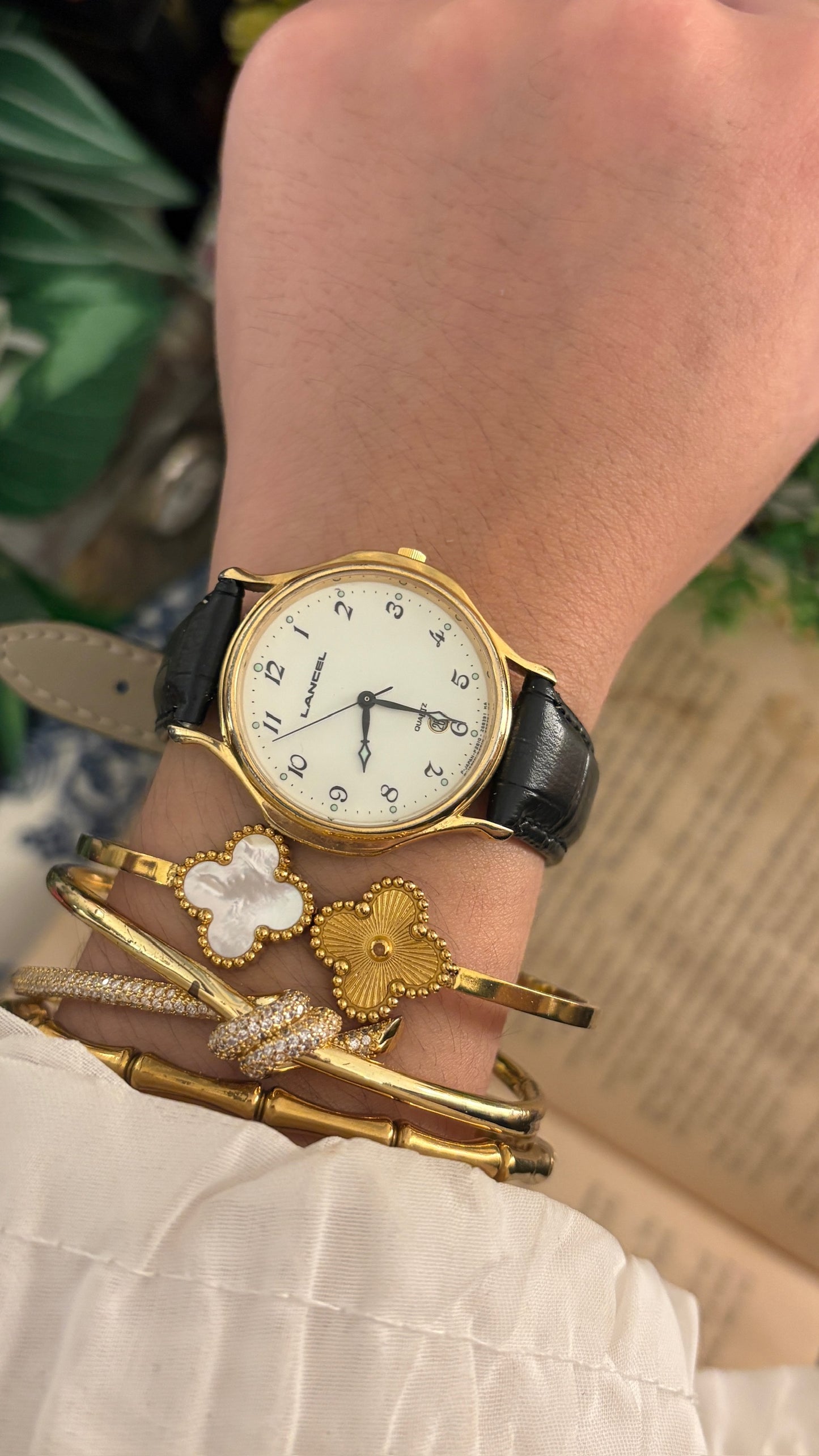 Rare Vintage Lancel Minimalist Mens Watch in Gold Tone Black Leather Quartz