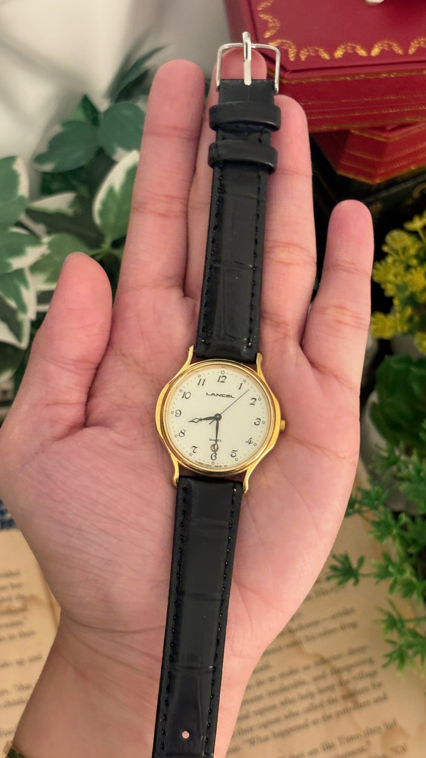 Rare Vintage Lancel Minimalist Mens Watch in Gold Tone Black Leather Quartz
