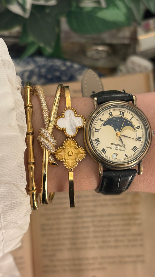 Rare Vintage Rookie Casio Moonphase Watch in Gold Brass Tone Black Leather Quartz