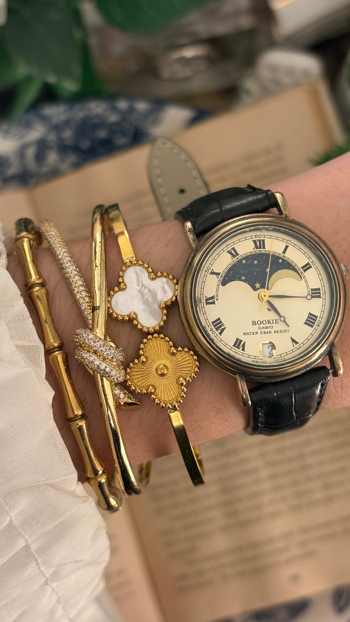 Rare Vintage Rookie Casio Moonphase Watch in Gold Brass Tone Black Leather Quartz