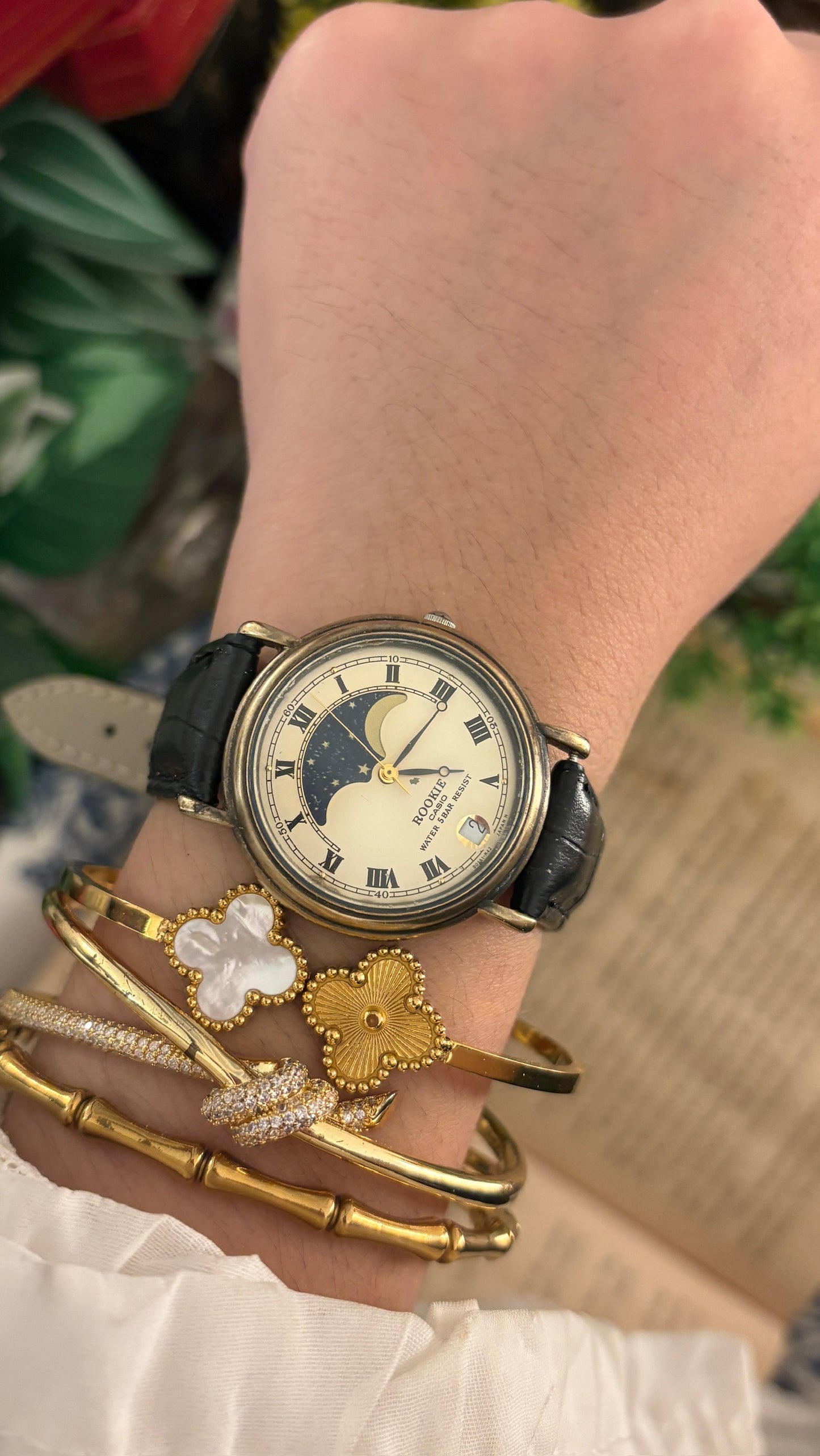 Rare Vintage Rookie Casio Moonphase Watch in Gold Brass Tone Black Leather Quartz