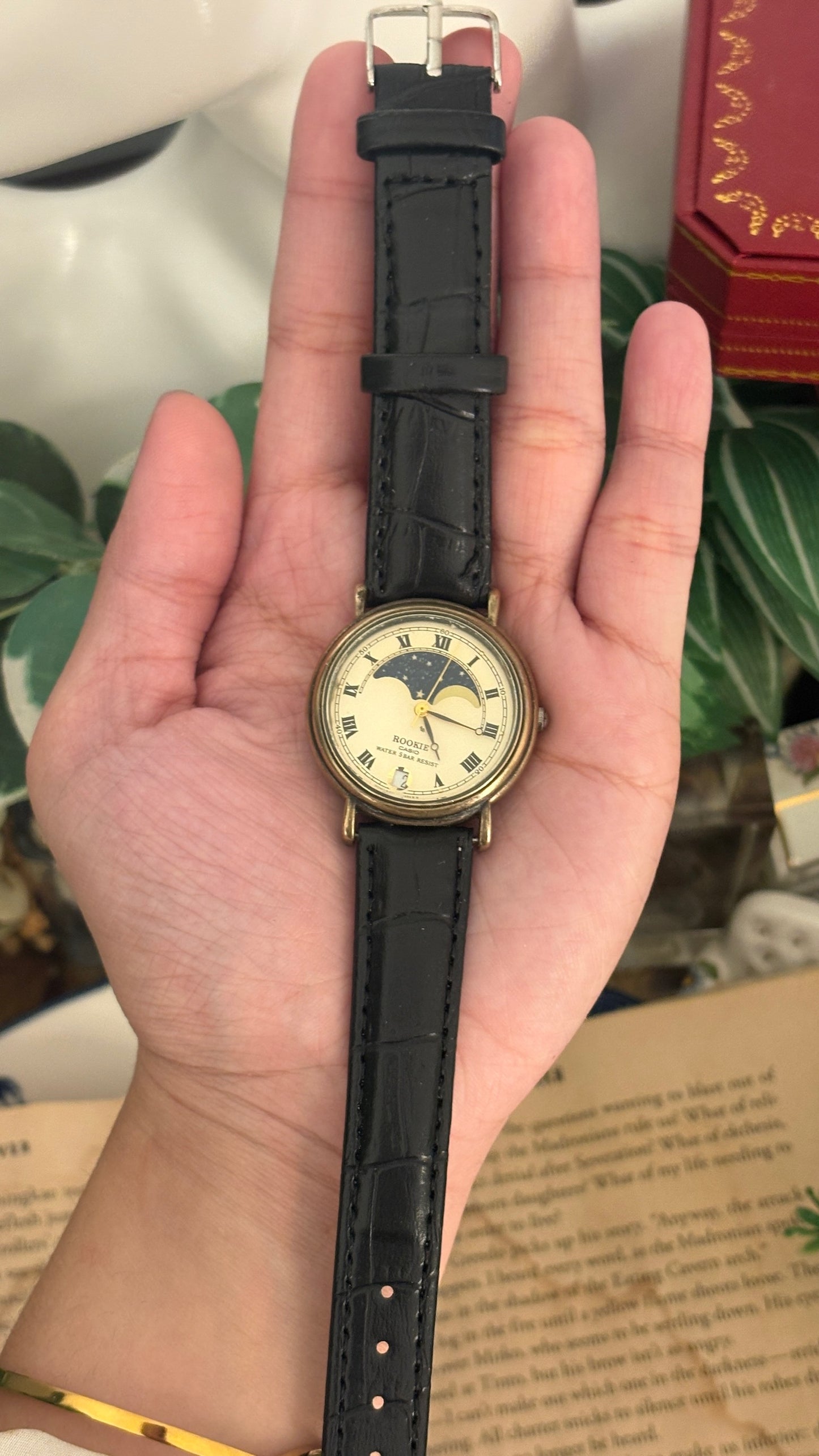 Rare Vintage Rookie Casio Moonphase Watch in Gold Brass Tone Black Leather Quartz