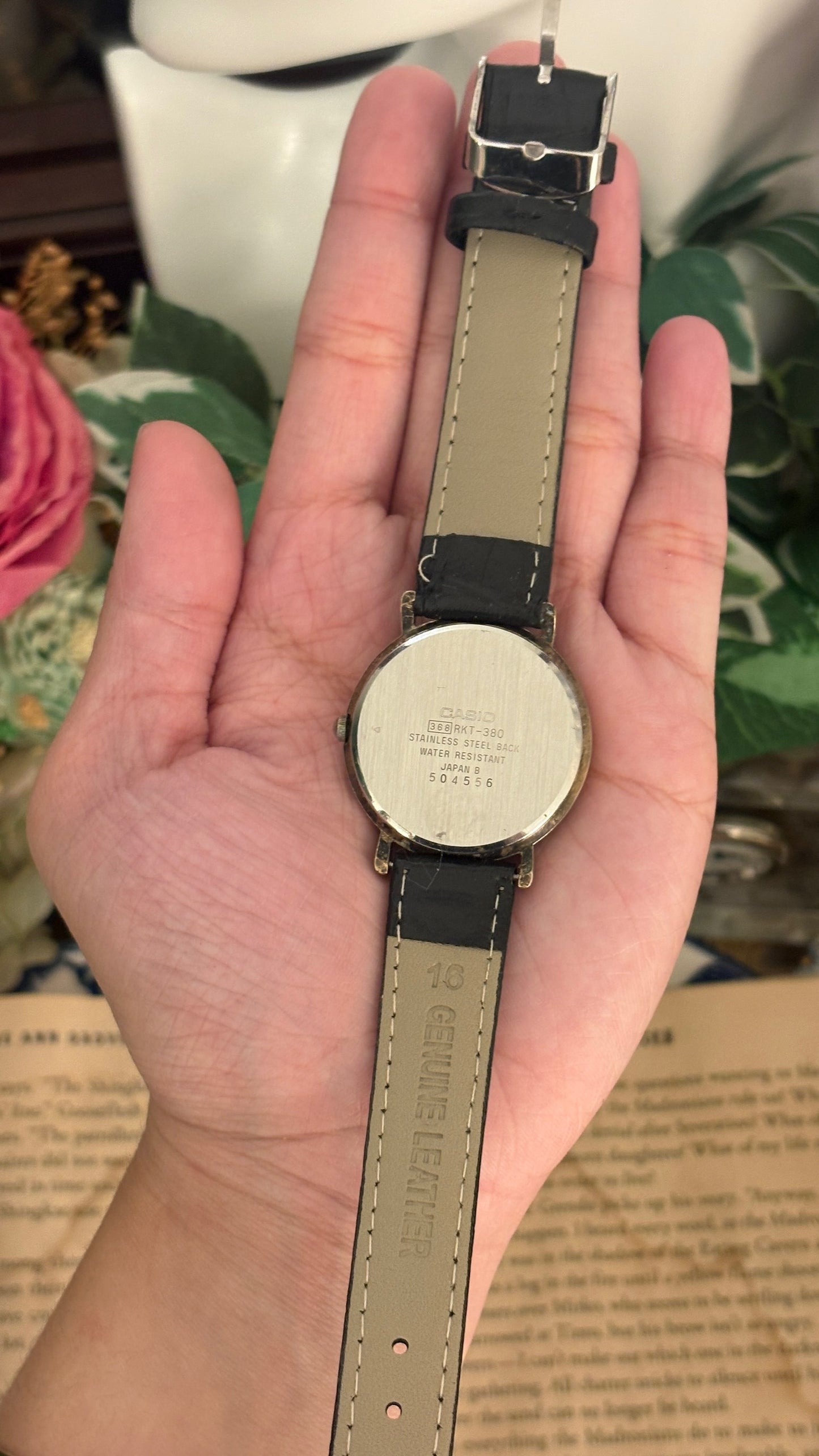 Rare Vintage Rookie Casio Moonphase Watch in Gold Brass Tone Black Leather Quartz