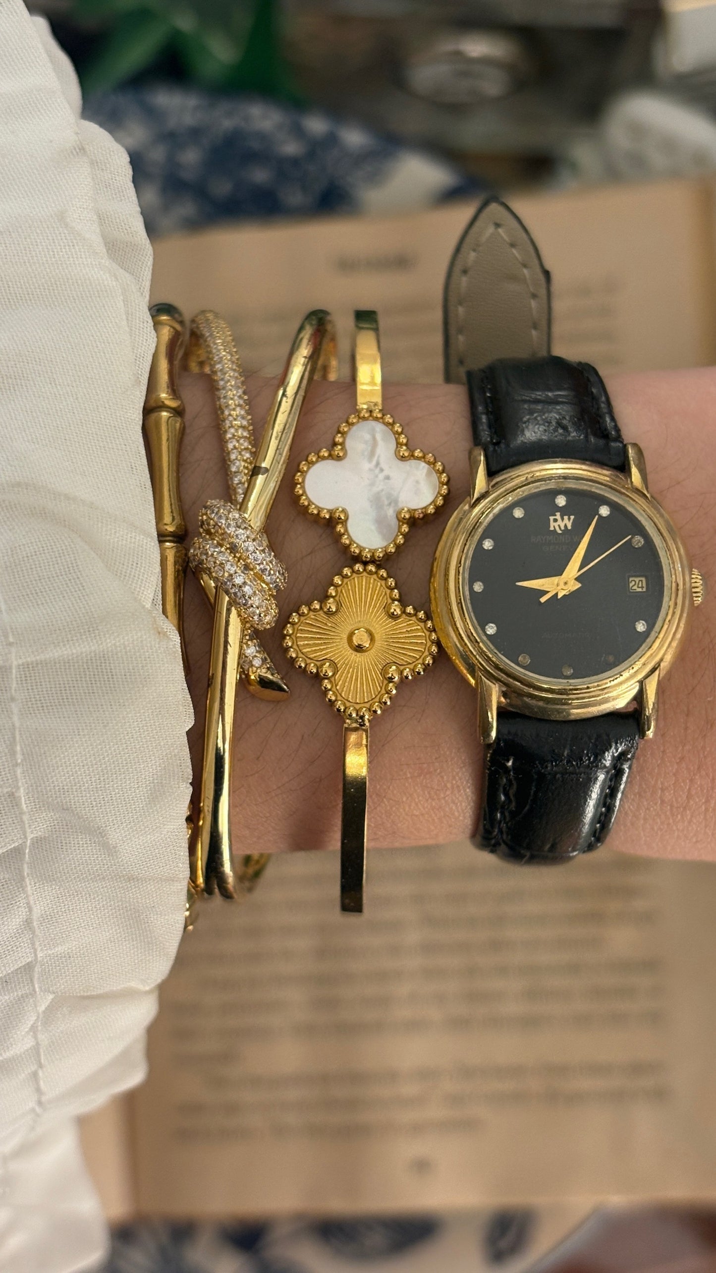 Rare Vintage Raymond Weil Swiss Black Dial Automatic Watch in Gold Tone Black Leather
