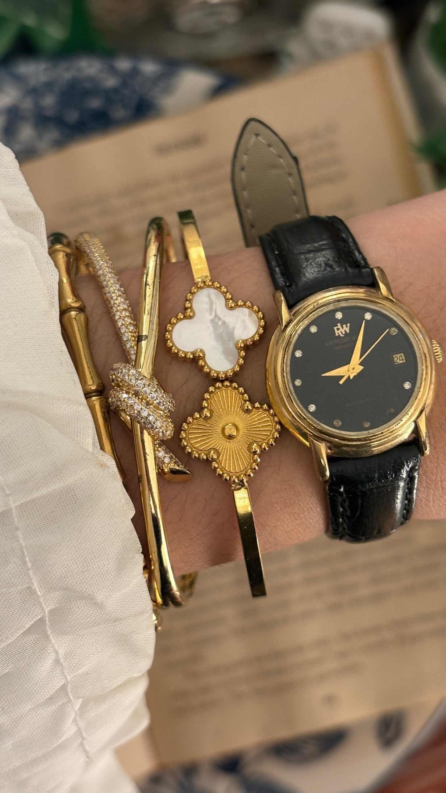 Rare Vintage Raymond Weil Swiss Black Dial Automatic Watch in Gold Tone Black Leather
