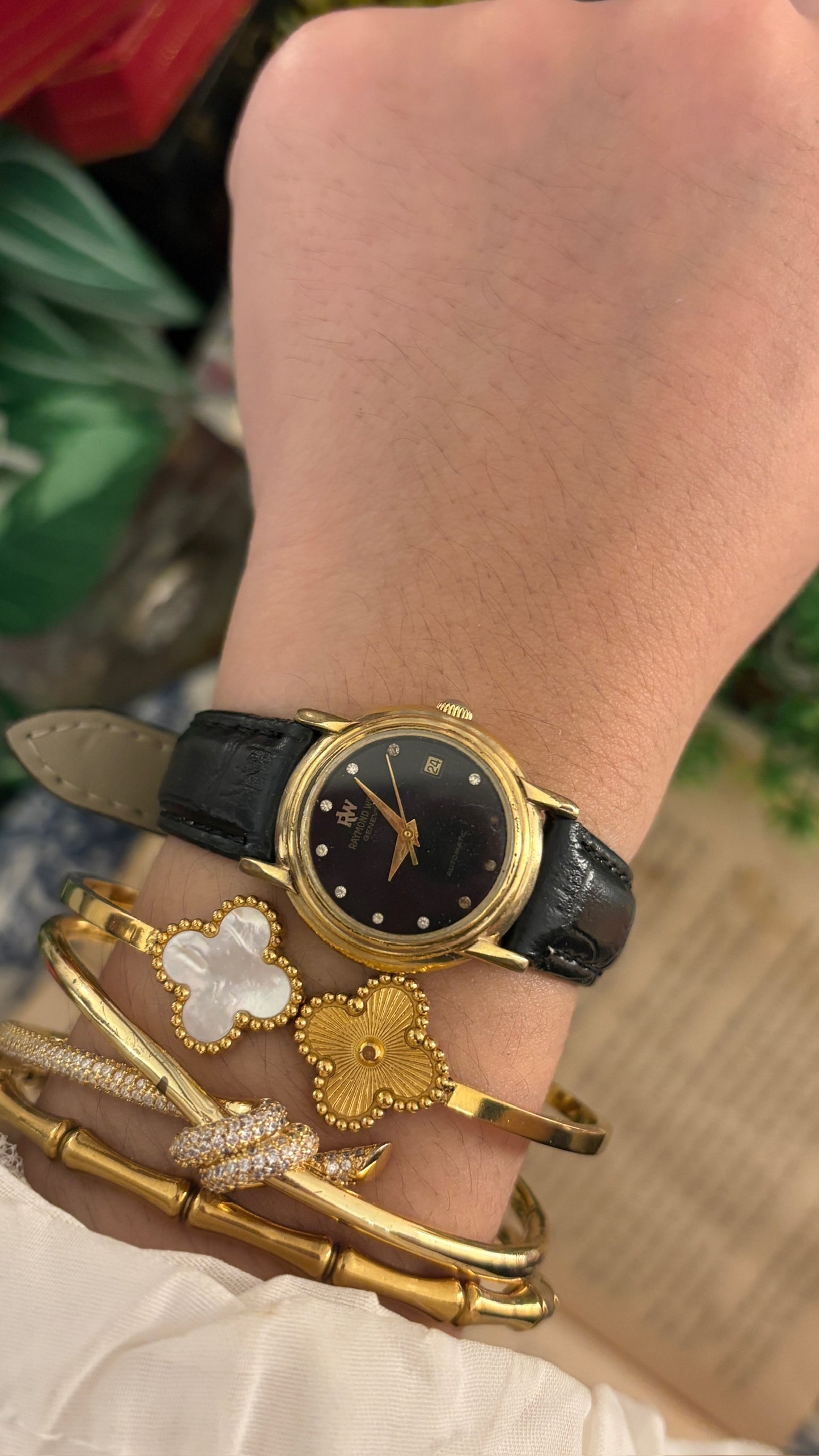 Rare Vintage Raymond Weil Swiss Black Dial Automatic Watch in Gold Tone Black Leather