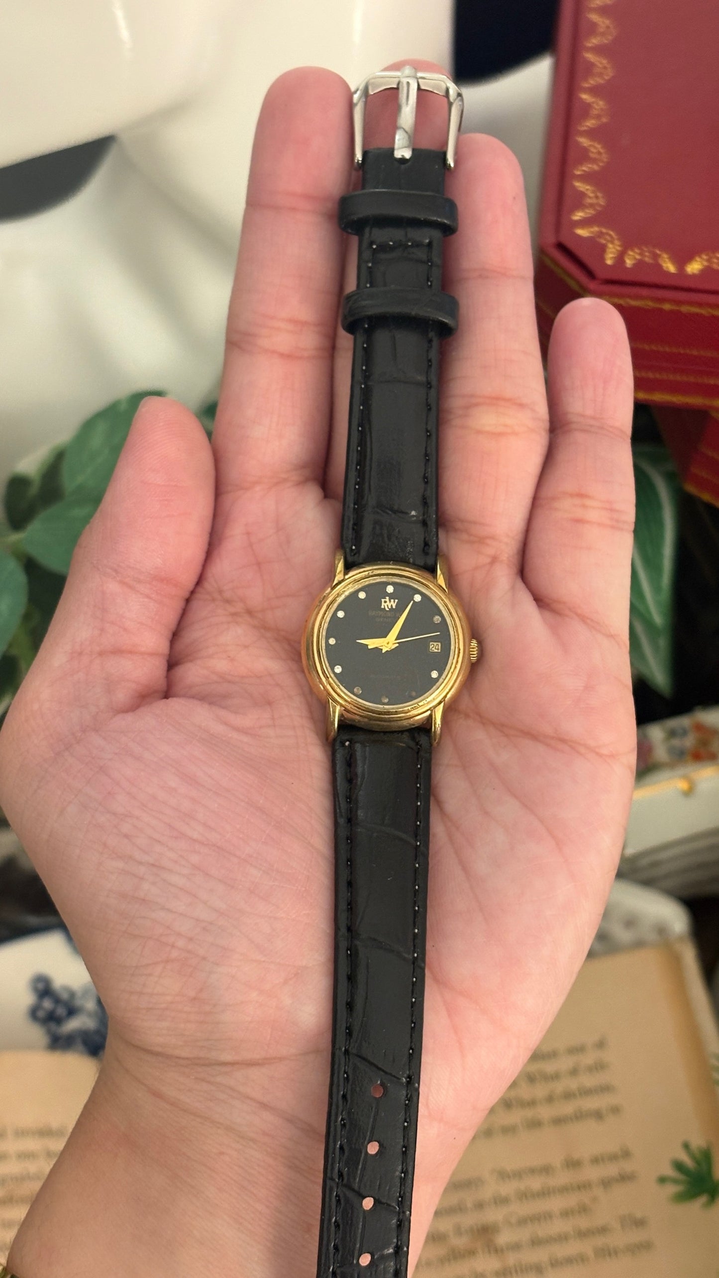 Rare Vintage Raymond Weil Swiss Black Dial Automatic Watch in Gold Tone Black Leather