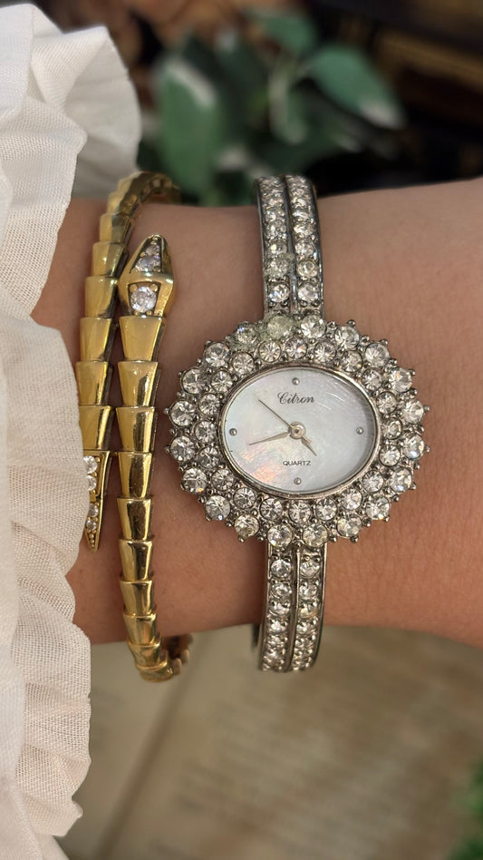 Rare Vintage Citron Bejeweled Fancy Bangle Watch in Silver Tone Mother of Pearl Dial Quartz Audemars Piguet Inspired