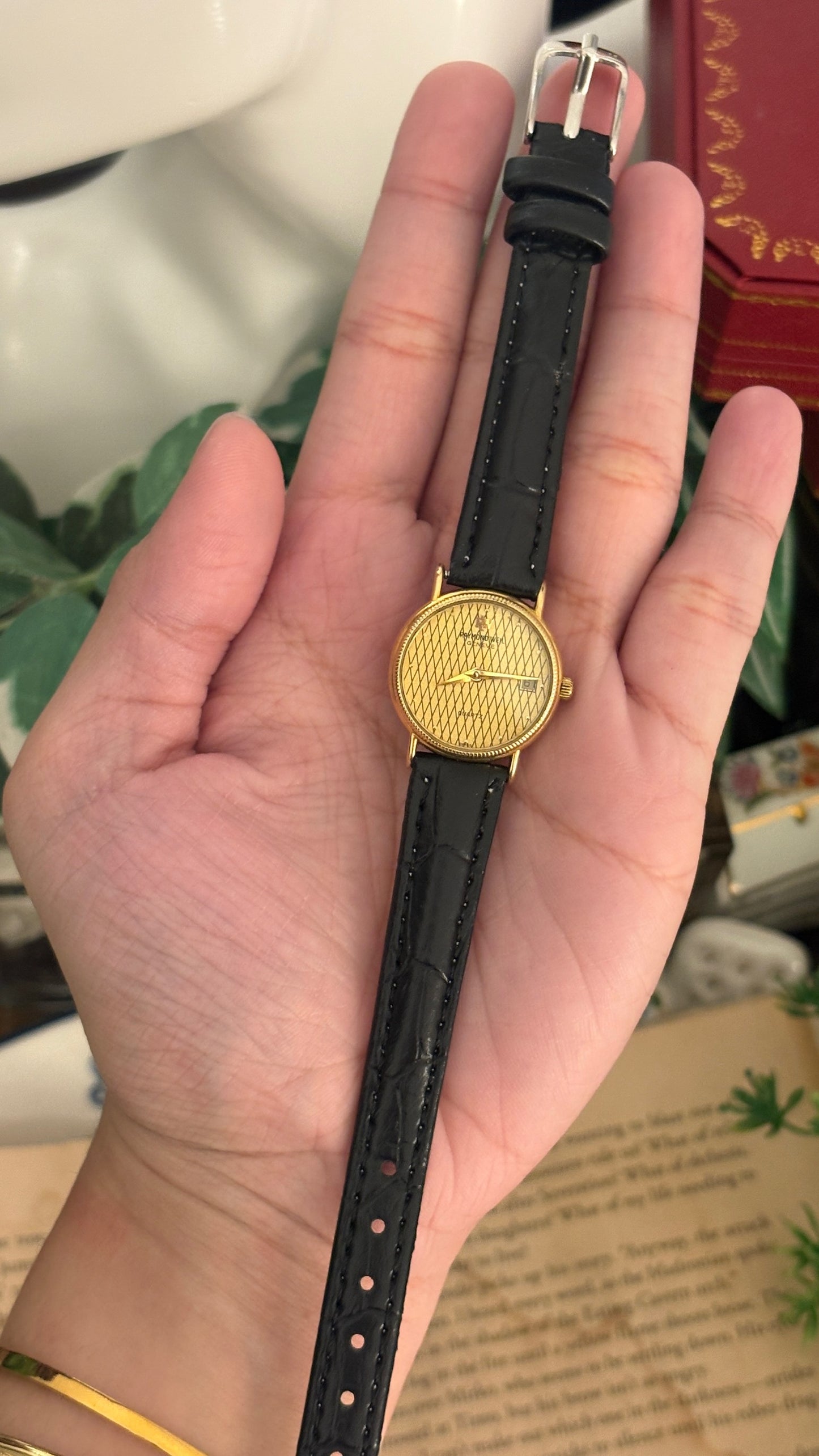 Rare Vintage Raymond Weil Date Window Watch in Gold Tone Black Leather Quartz
