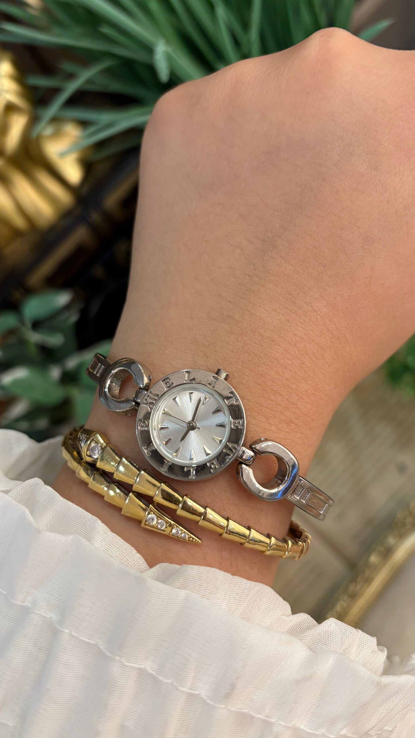 Vintage Elegant Elite Engraved Bangle Watch in Silver Tone Quartz