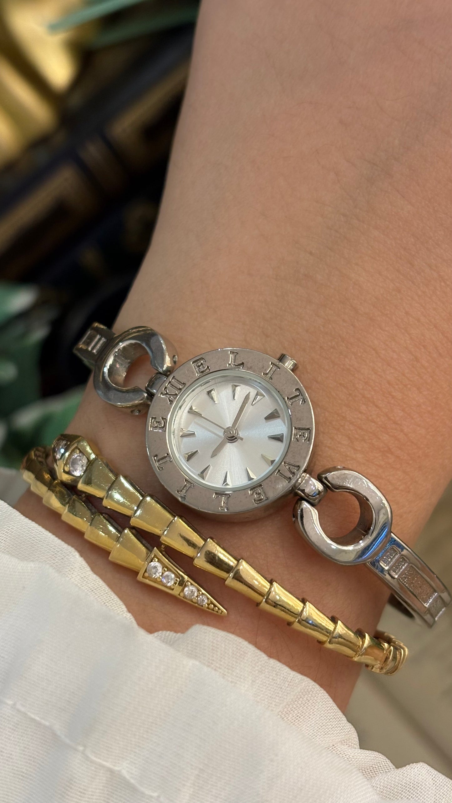 Vintage Elegant Elite Engraved Bangle Watch in Silver Tone Quartz