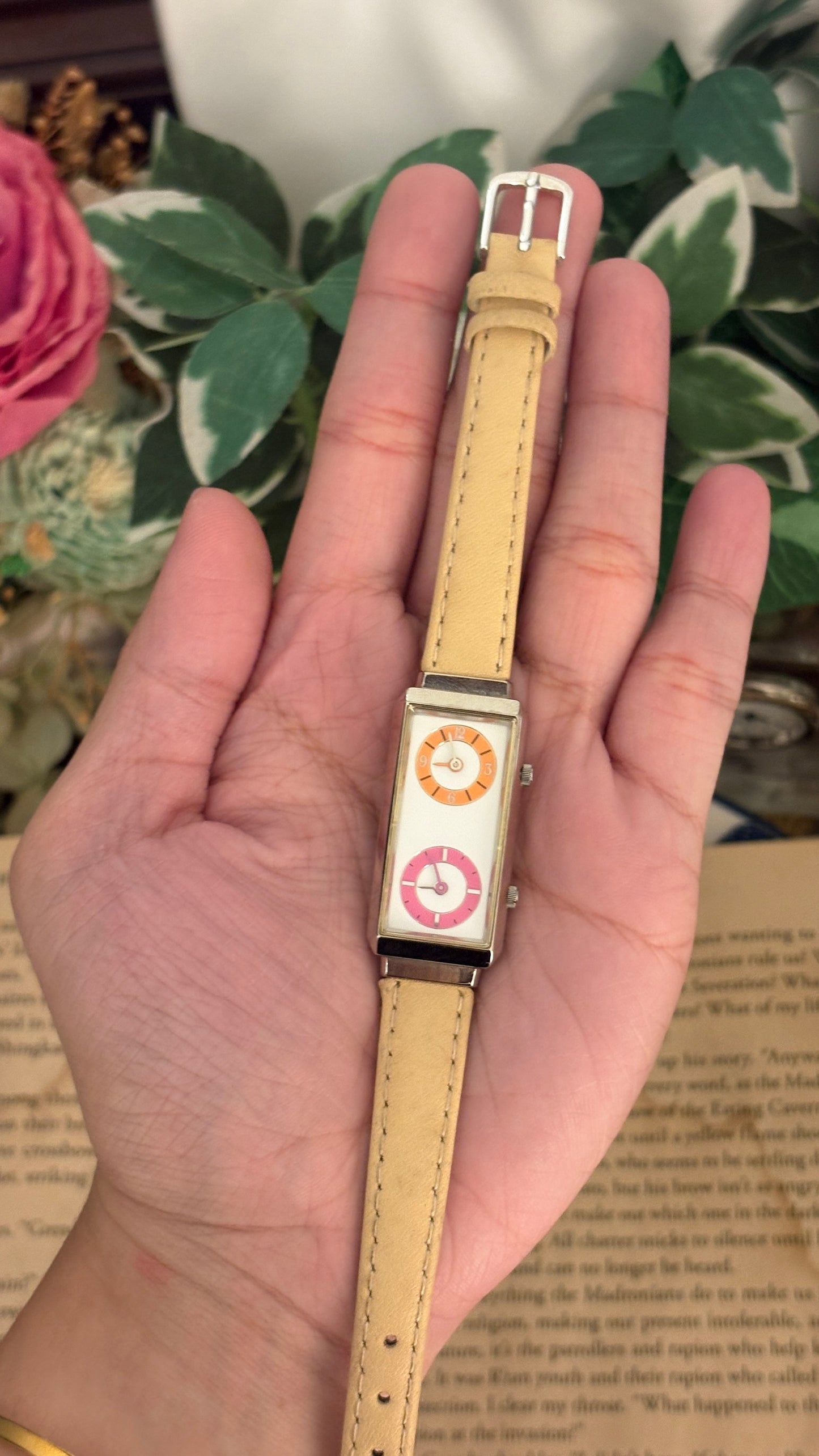 Rare Vintage Pola Dual Time Watch in Silver Tone Khaki Leather Quartz