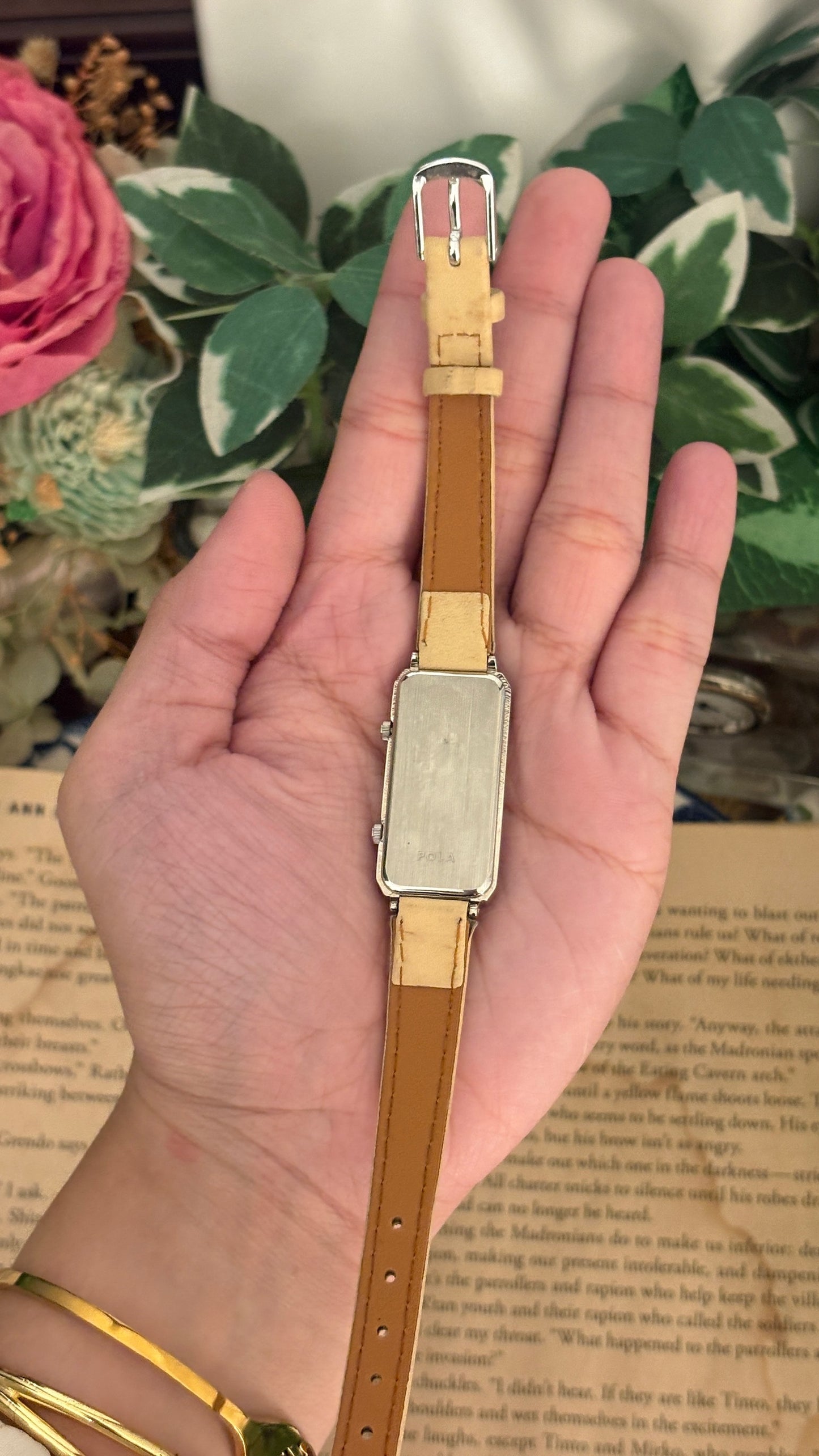Rare Vintage Pola Dual Time Watch in Silver Tone Khaki Leather Quartz