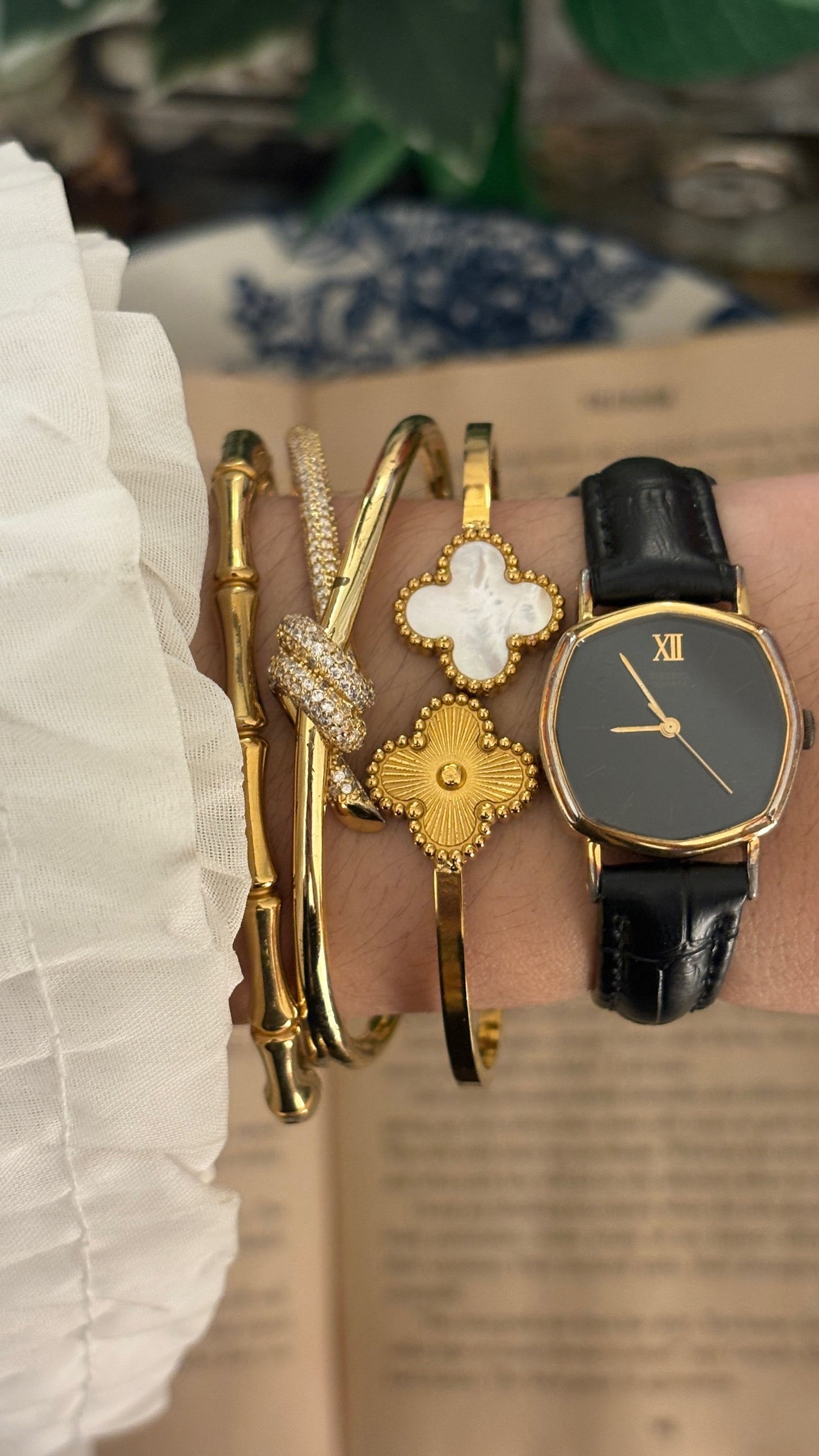 Vintage Seiko Blackout Octagon Dial Watch in Gold Tone Black Leather Quartz