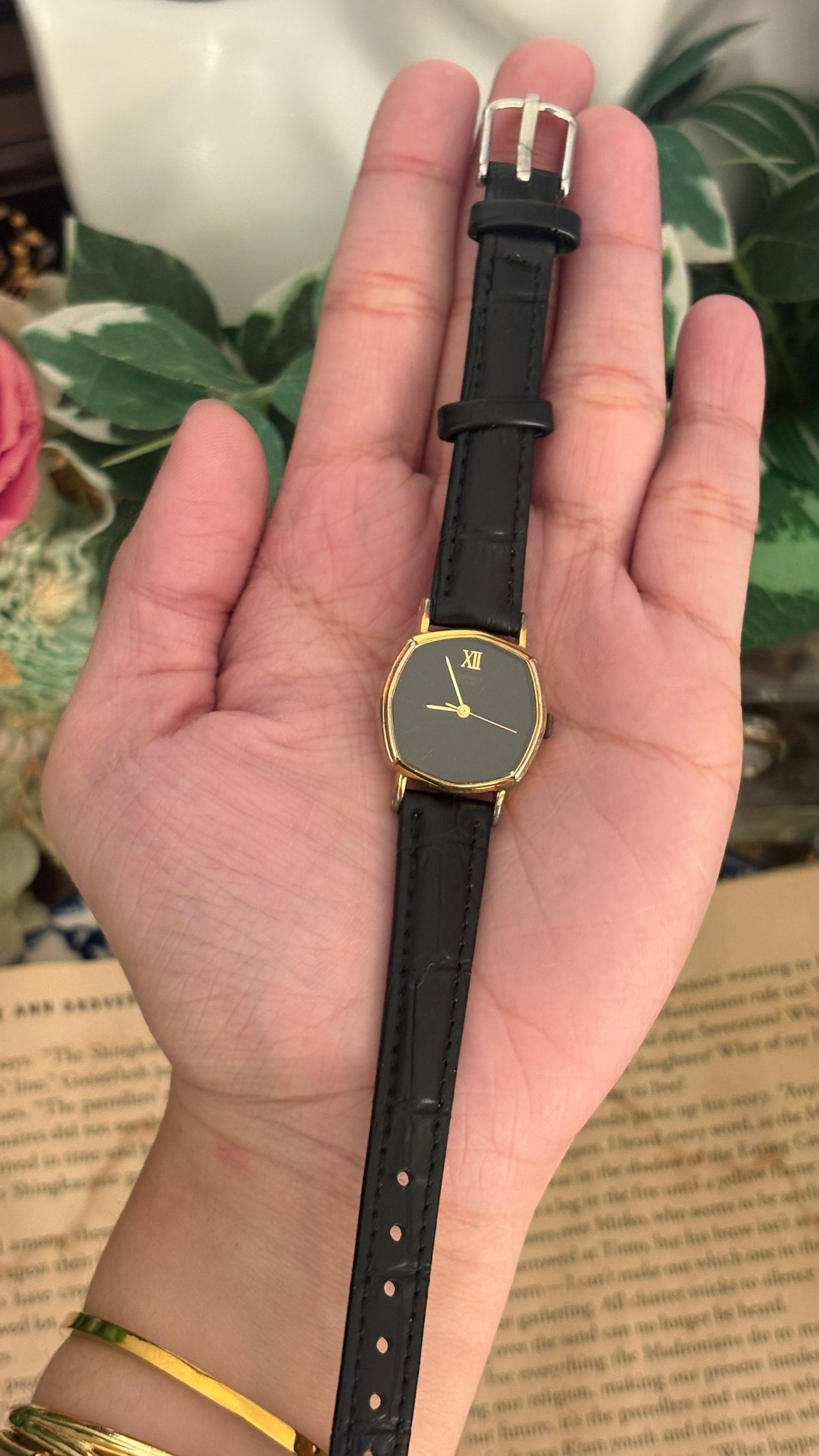 Vintage Seiko Blackout Octagon Dial Watch in Gold Tone Black Leather Quartz