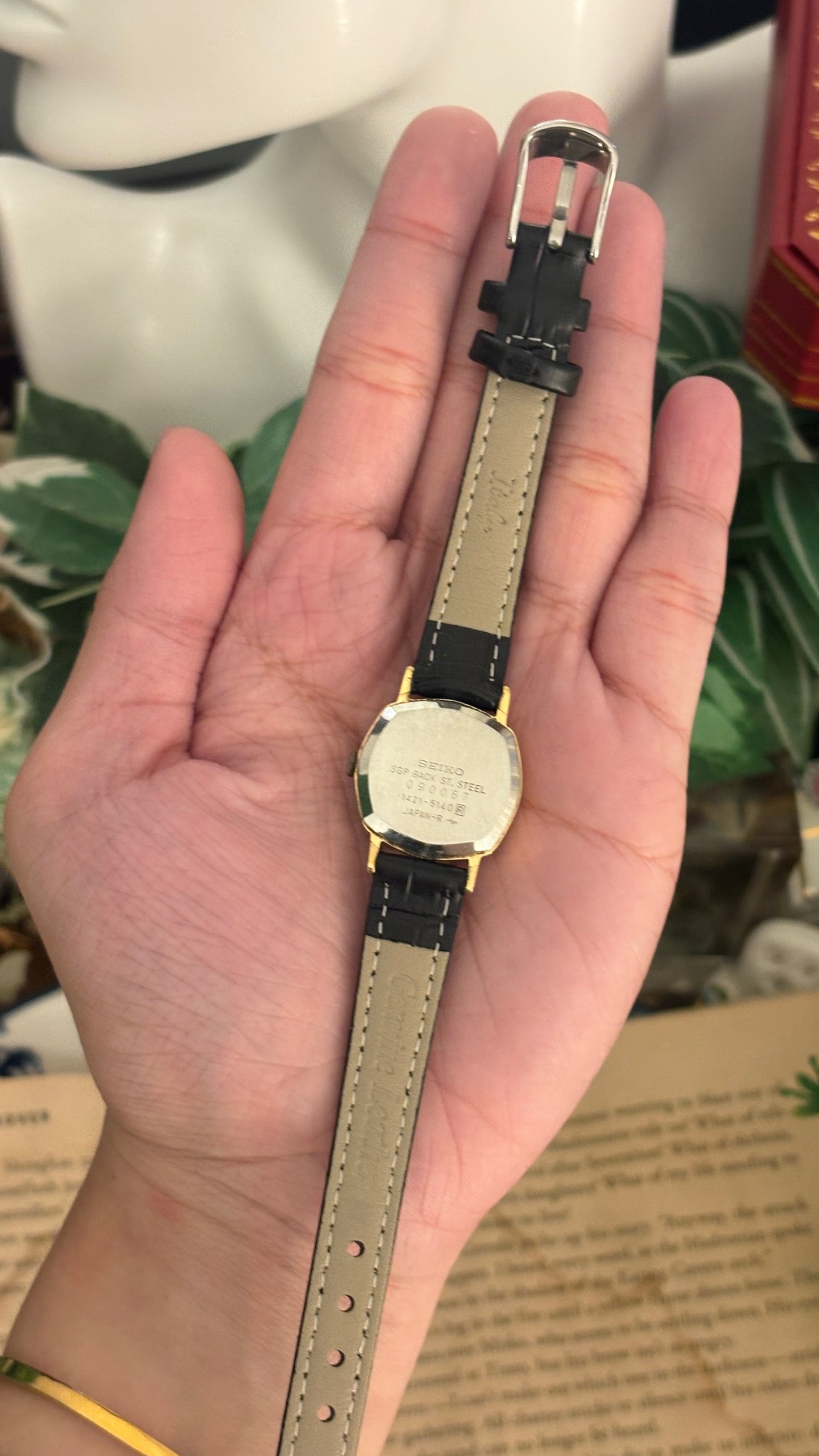 Vintage Seiko Blackout Octagon Dial Watch in Gold Tone Black Leather Quartz