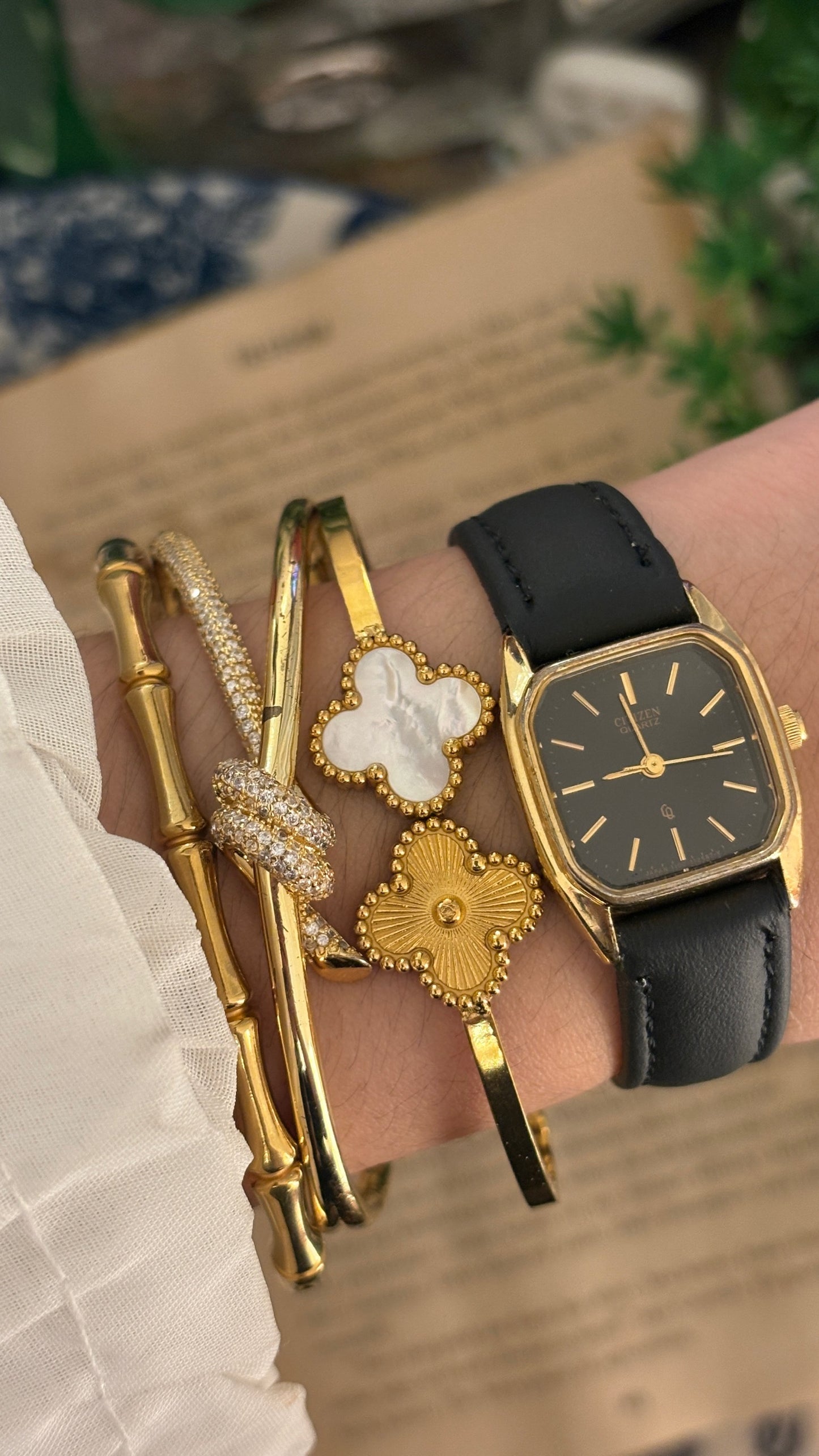 Vintage Citizen Black Dial Mini Tank in Gold Tone Black Leather Quartz
