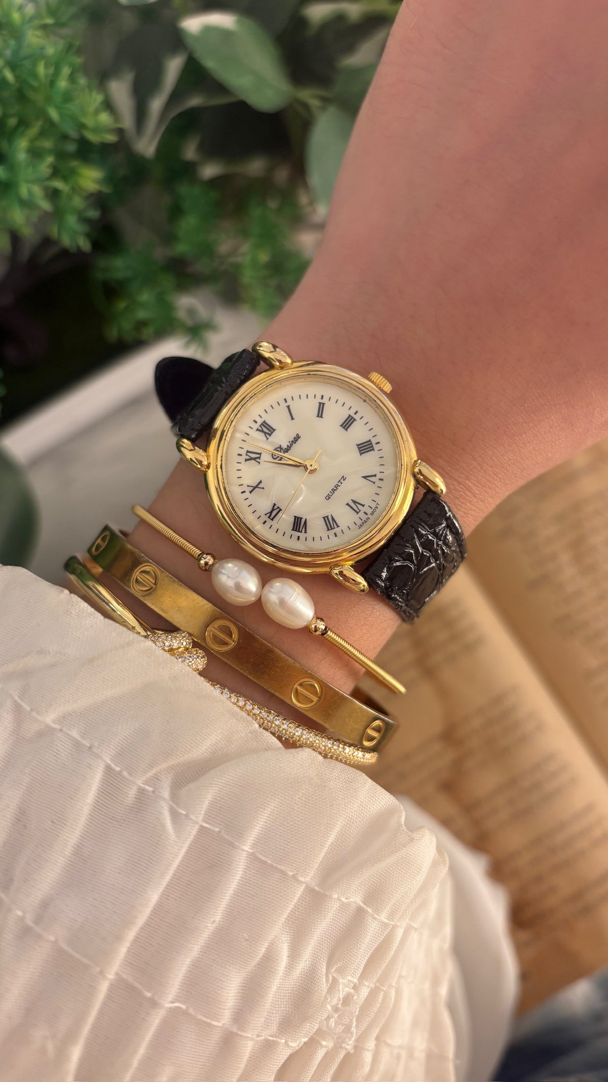 Vintage Desiree Roman Mother of Pearl Dial Watch in Gold Tone Black Leather Quartz