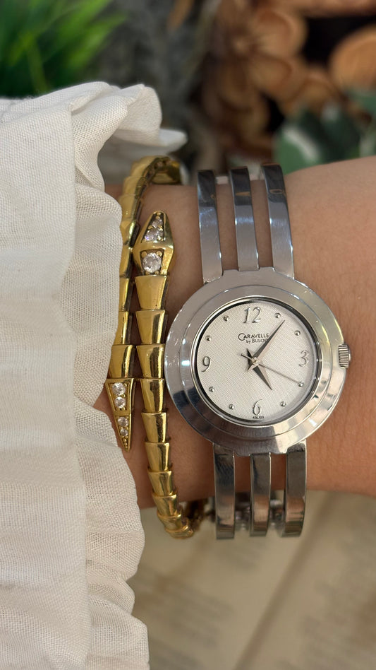 Rare Vintage Caravelle by Bulova Swiss Textured Dial Triple Bracelet Semi-Bangle Watch in Silver Tone Quartz