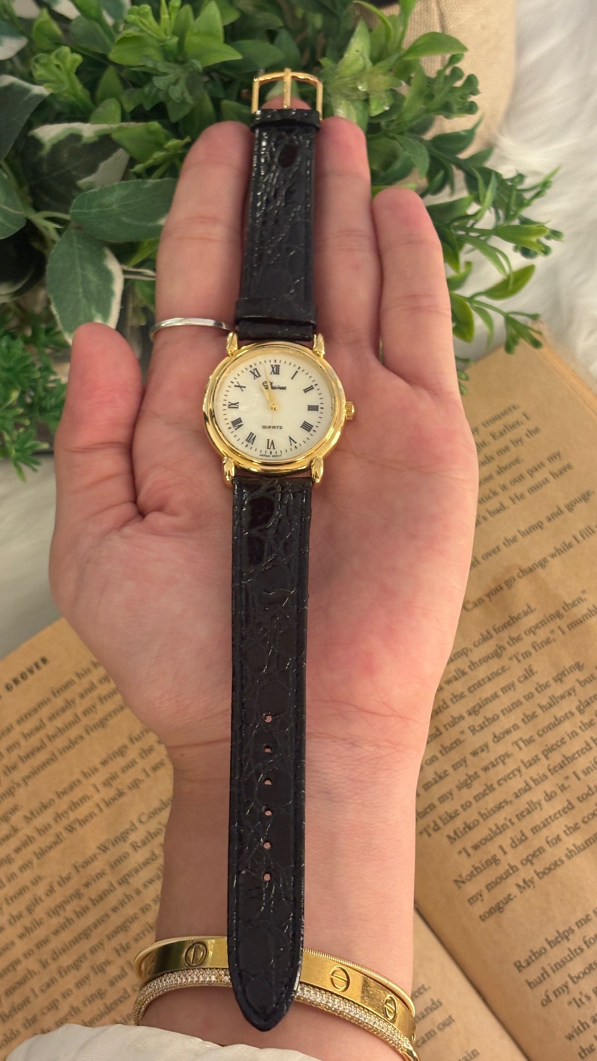 Vintage Desiree Roman Mother of Pearl Dial Watch in Gold Tone Black Leather Quartz