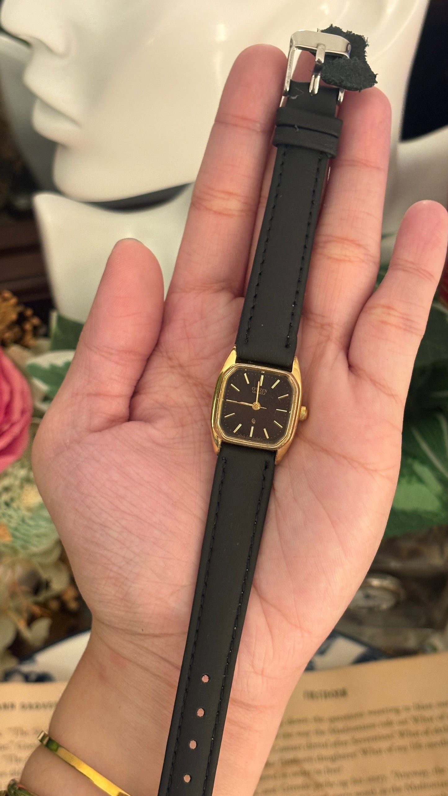 Vintage Citizen Black Dial Mini Tank in Gold Tone Black Leather Quartz