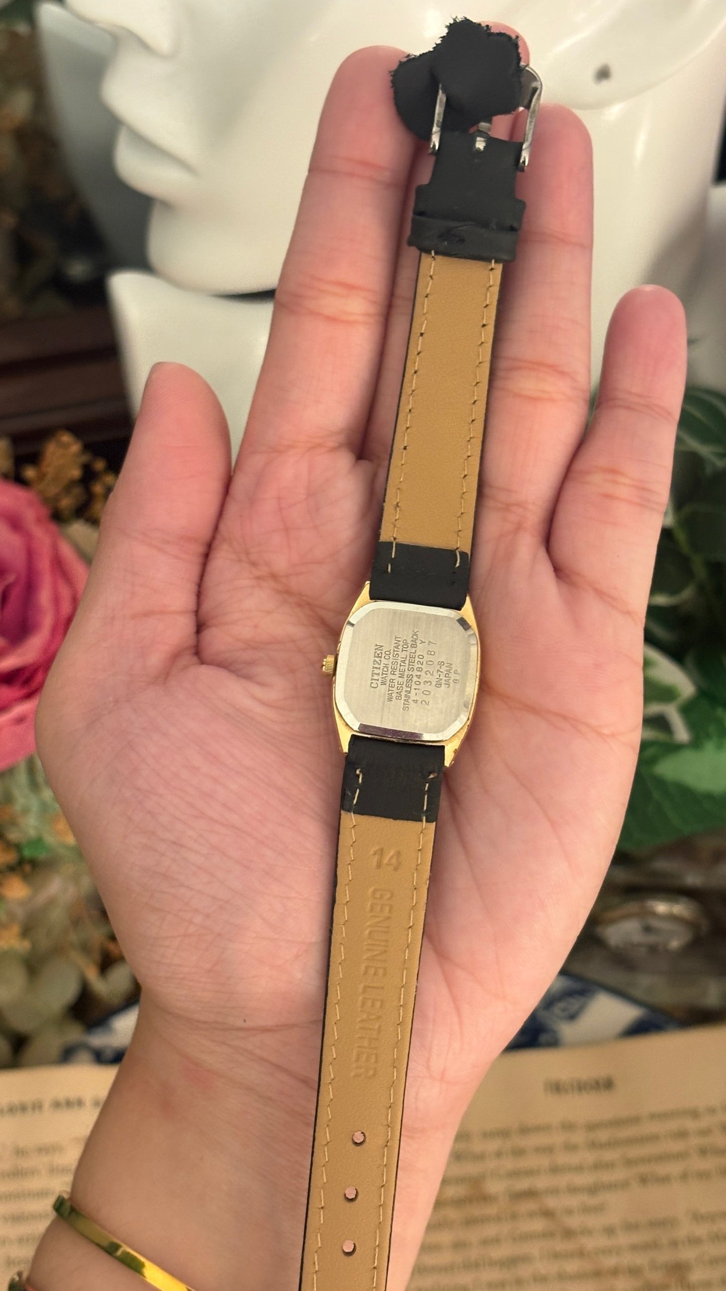 Vintage Citizen Black Dial Mini Tank in Gold Tone Black Leather Quartz