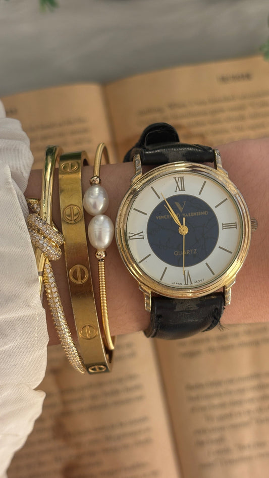 Vintage Vincenzo Valentino Marble Accent Dial Watch in Gold Tone Black Leather Quartz
