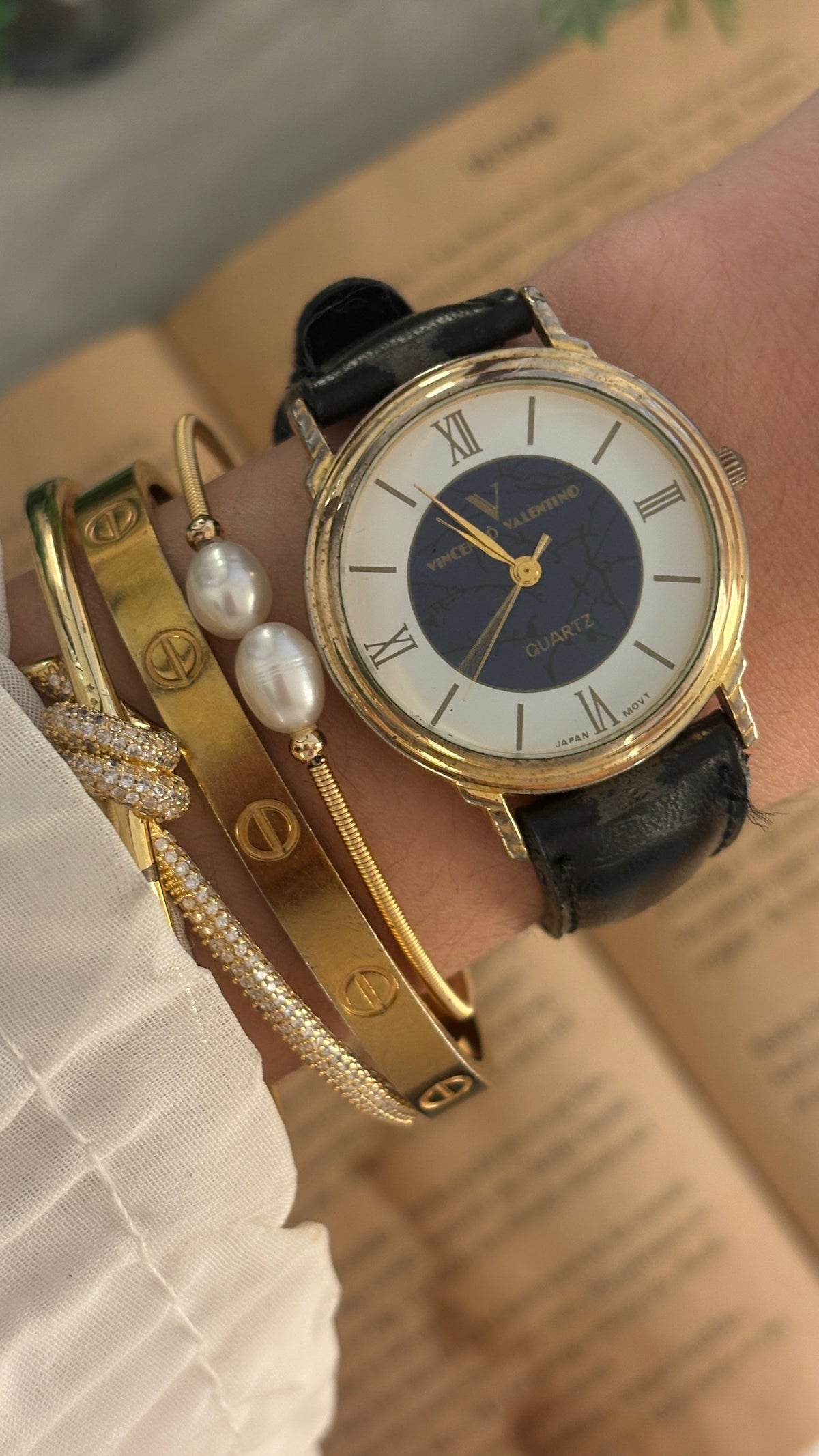 Vintage Vincenzo Valentino Marble Accent Dial Watch in Gold Tone Black Leather Quartz