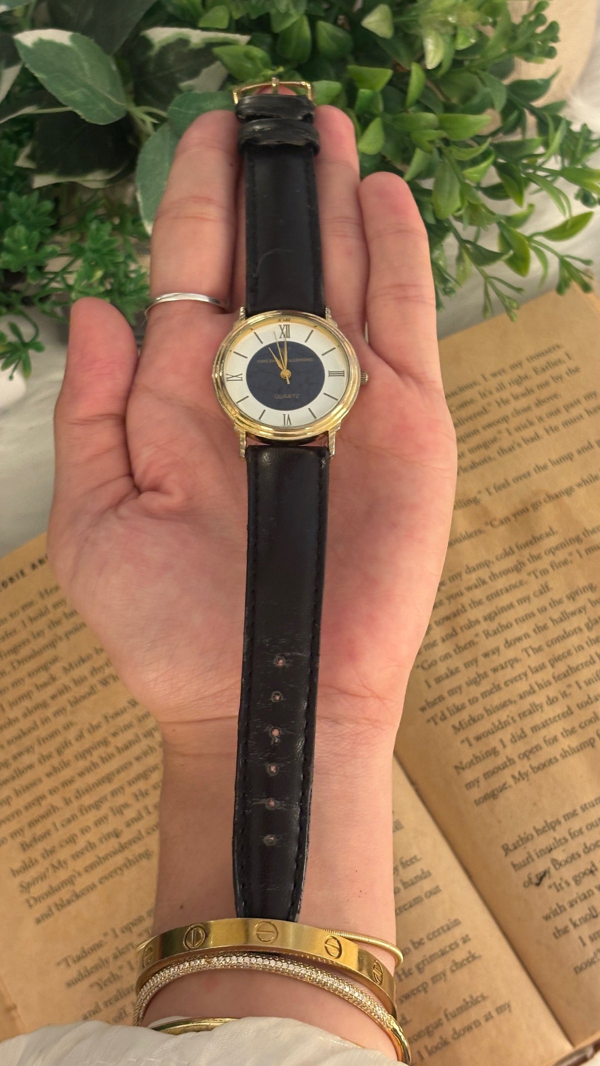 Vintage Vincenzo Valentino Marble Accent Dial Watch in Gold Tone Black Leather Quartz