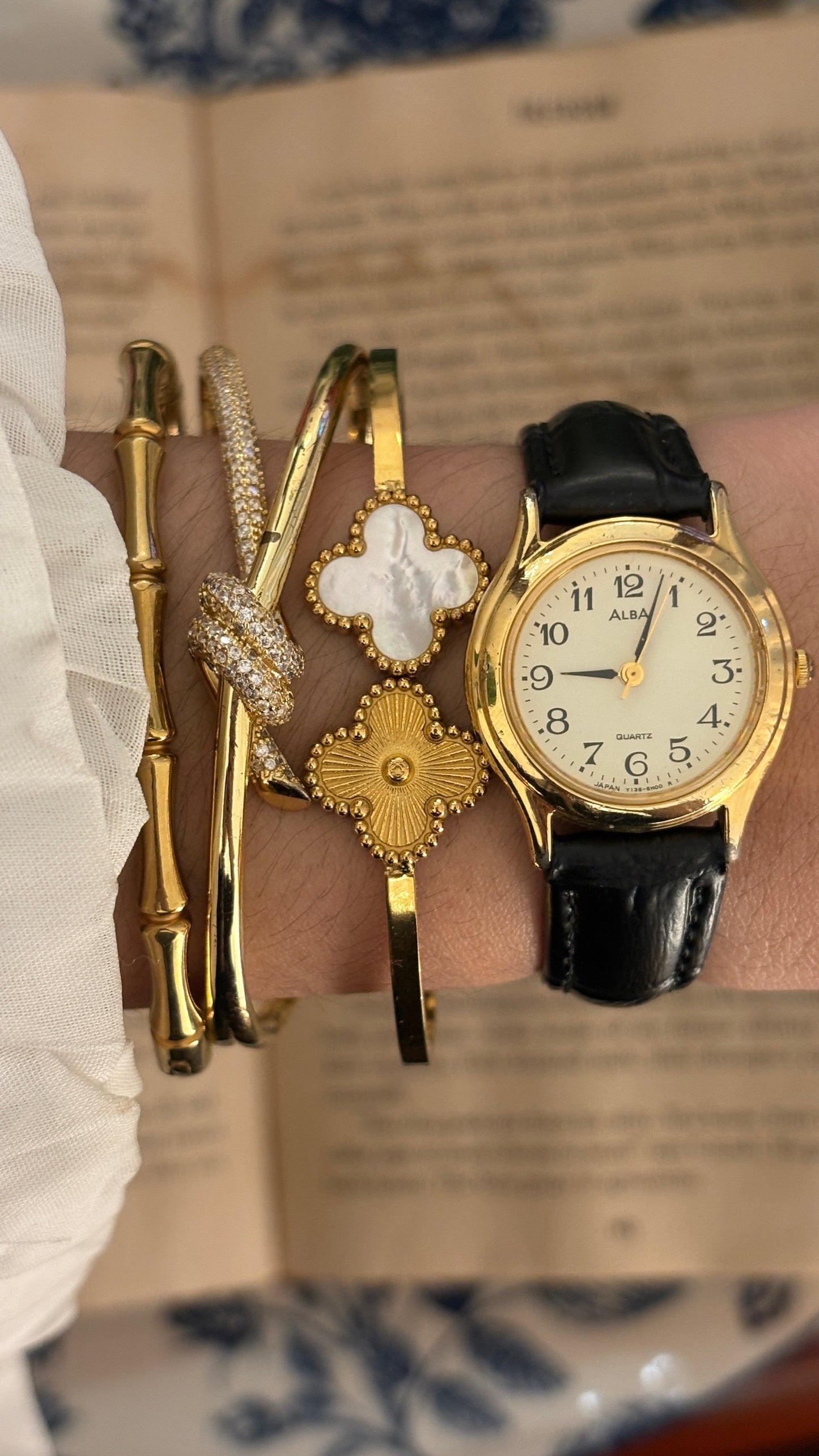 Vintage Alba by Seiko Minimalist Watch in Gold Tone Black Leather Quartz